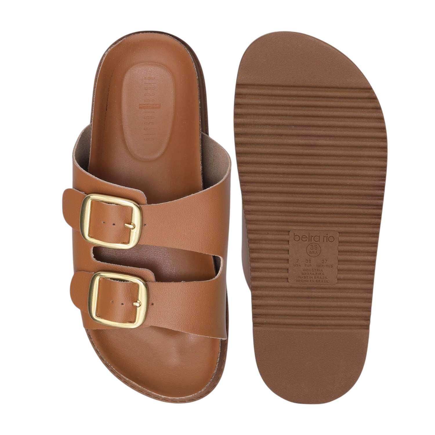 Women Brown Dual Straps Slides with Buckle