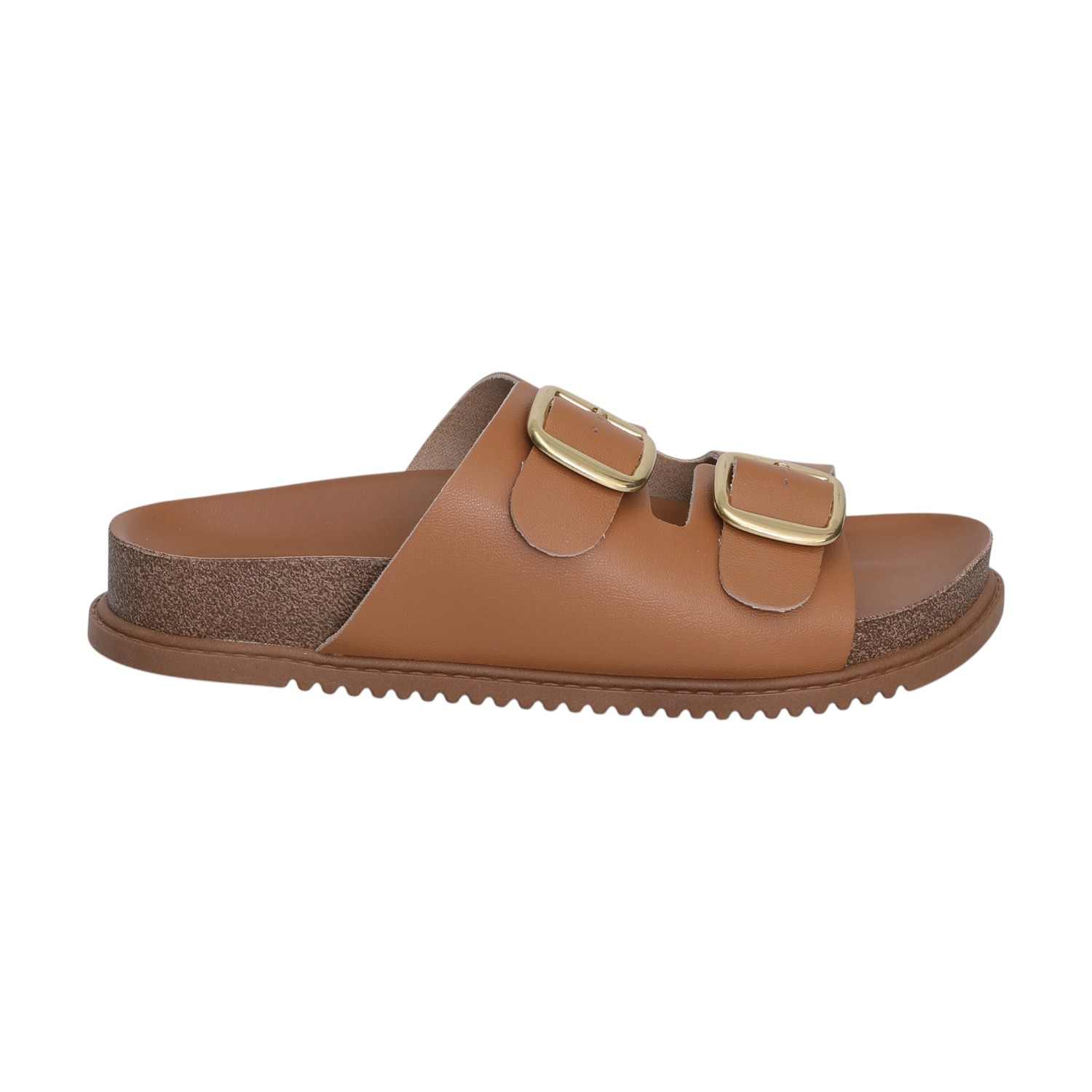 Women Brown Dual Straps Slides with Buckle