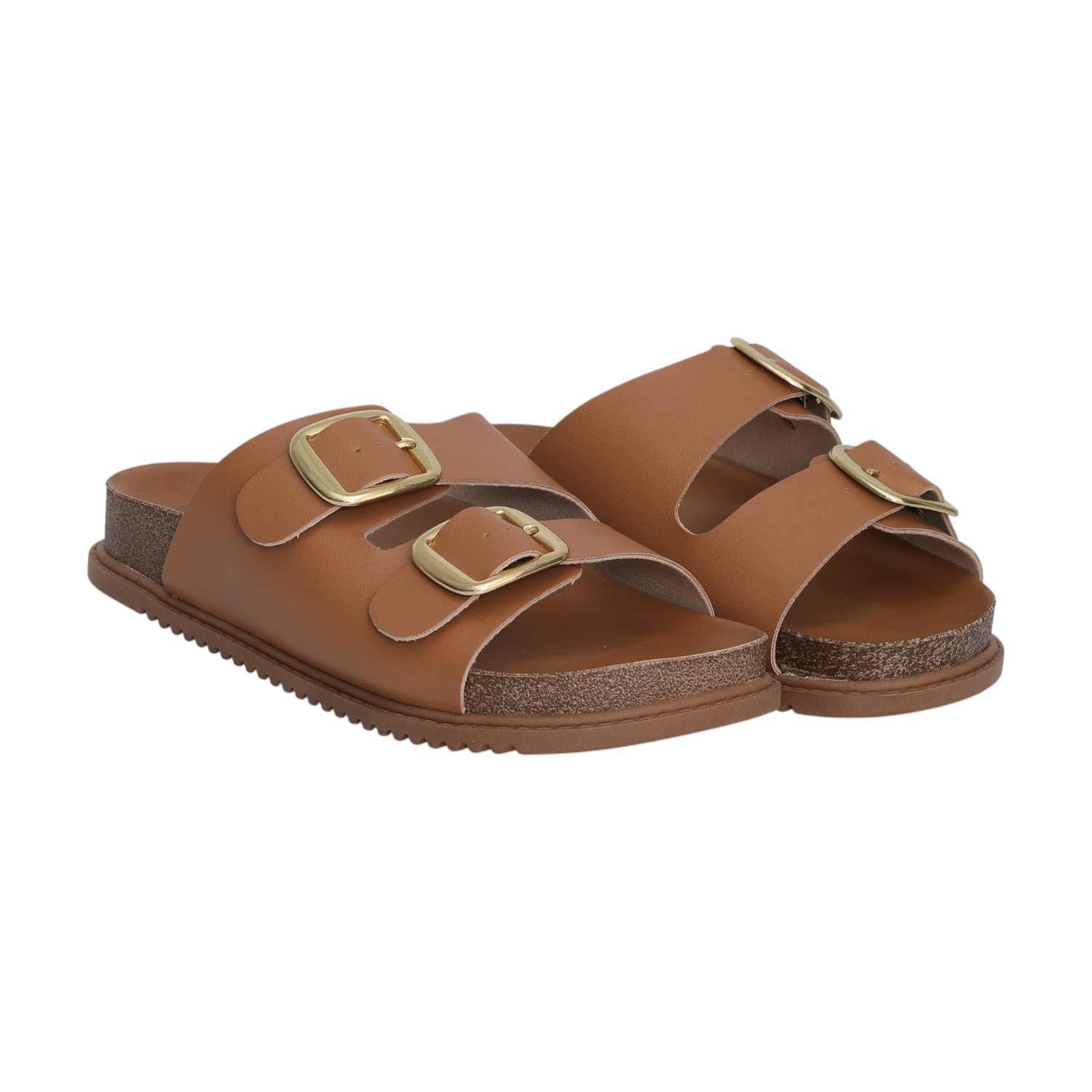 Women Brown Dual Straps Slides with Buckle
