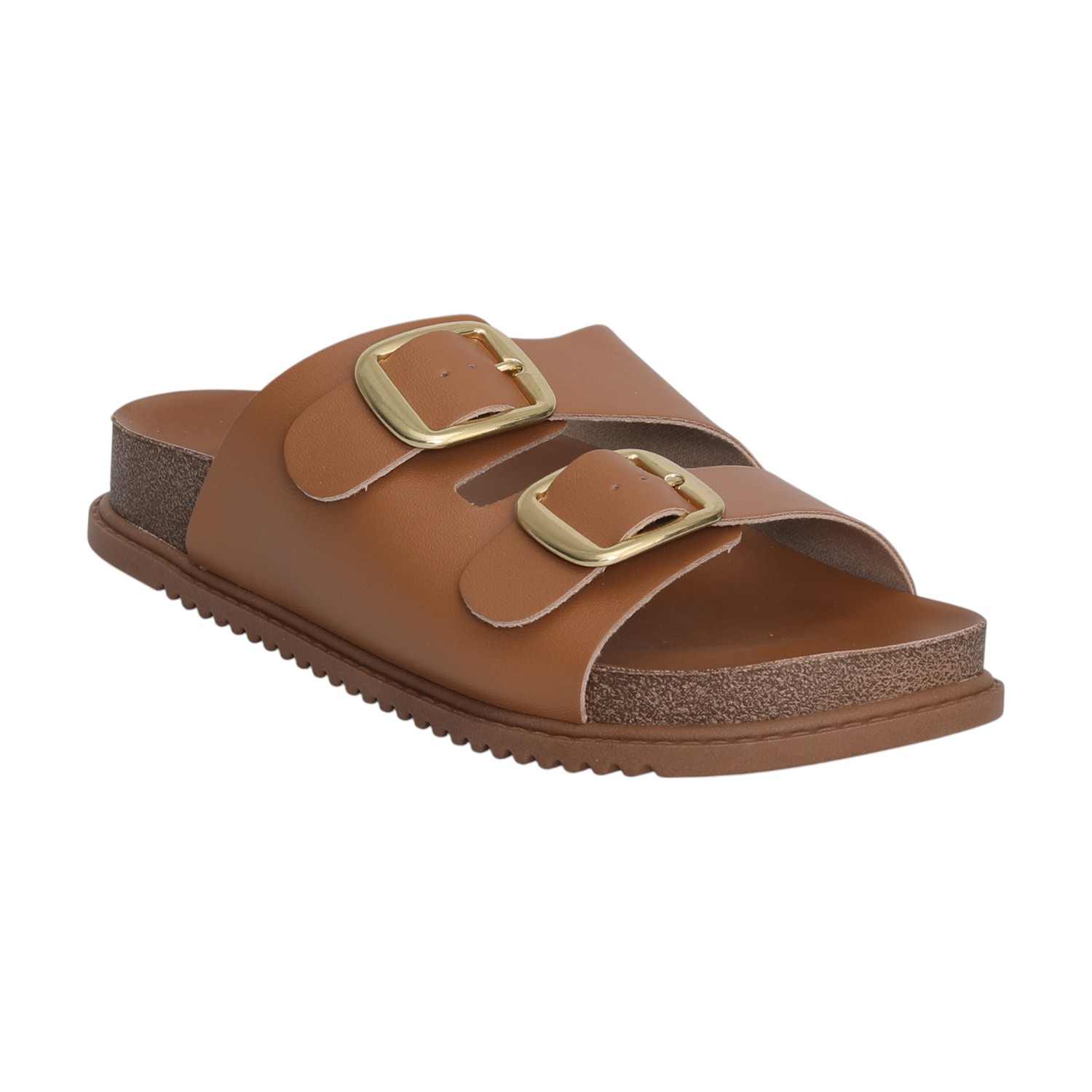 Women Brown Dual Straps Slides with Buckle
