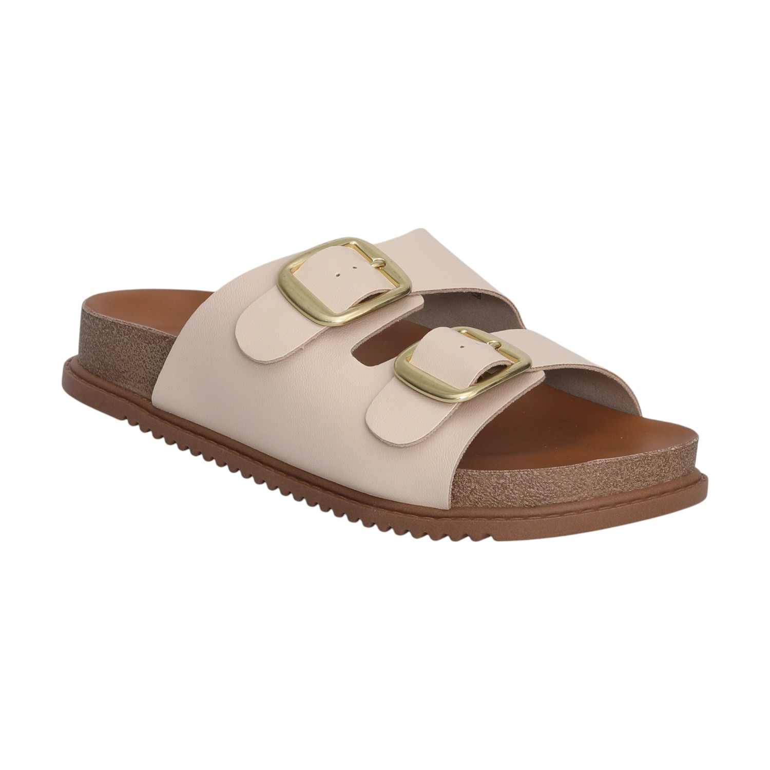 Women Cream Dual Straps Slides with Buckle