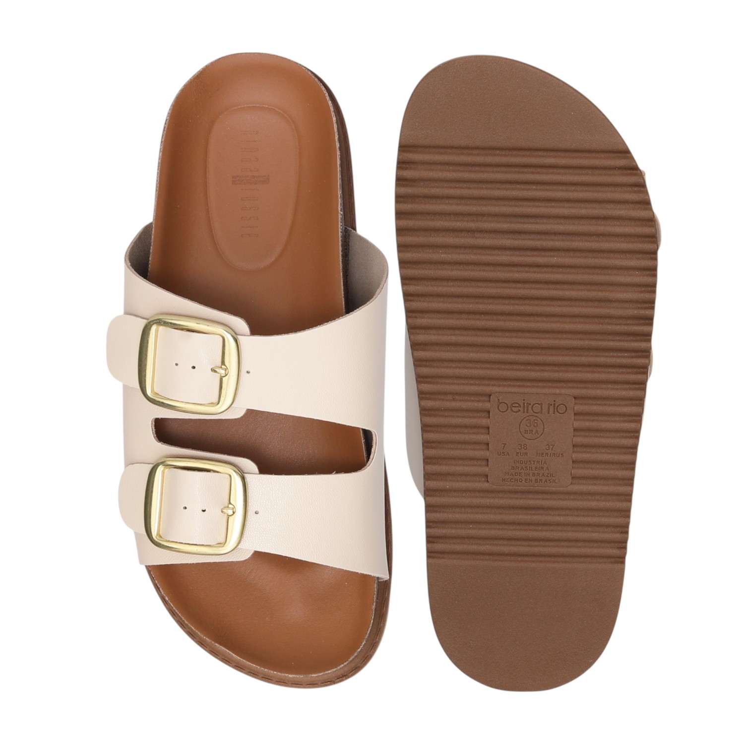 Women Cream Dual Straps Slides with Buckle