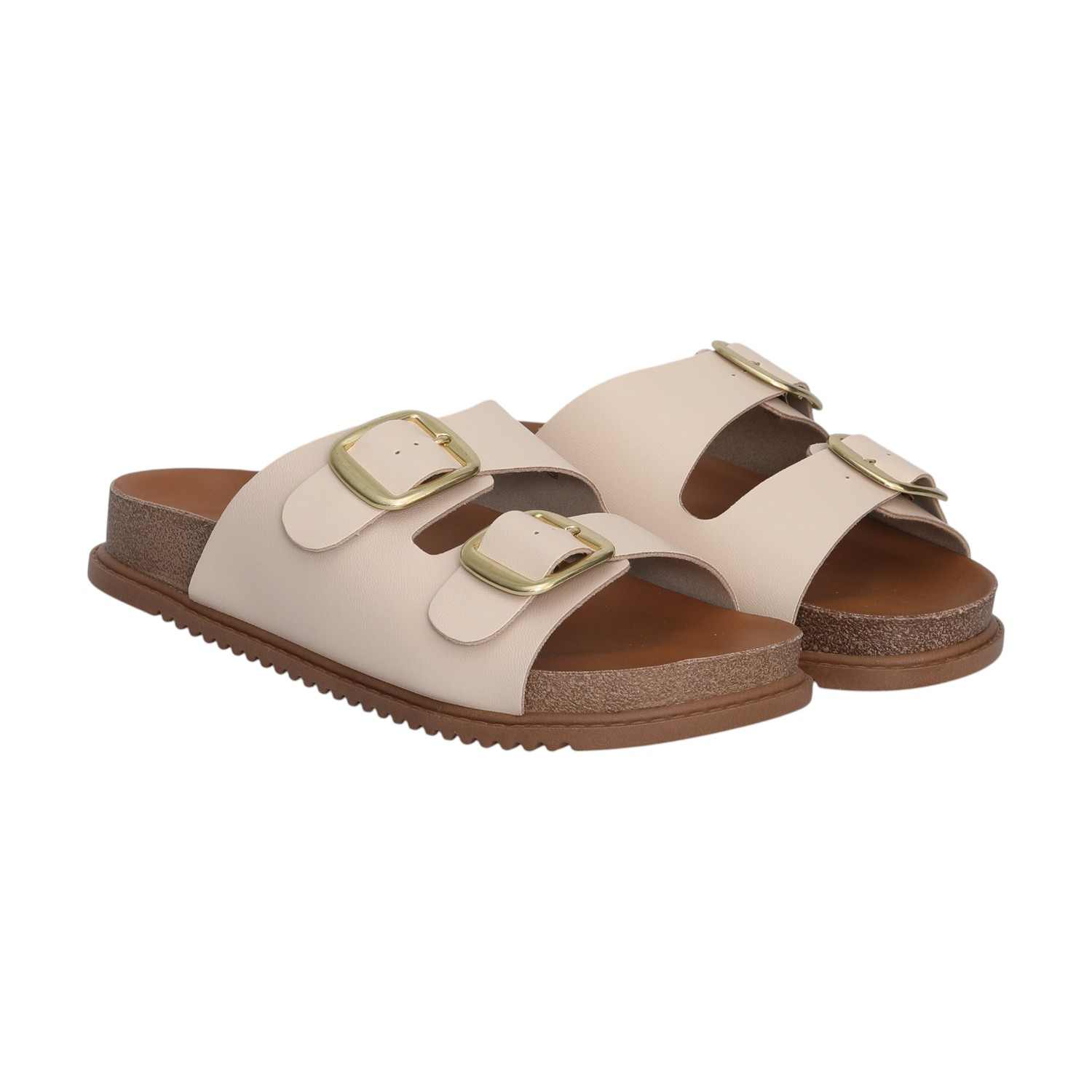 Women Cream Dual Straps Slides with Buckle