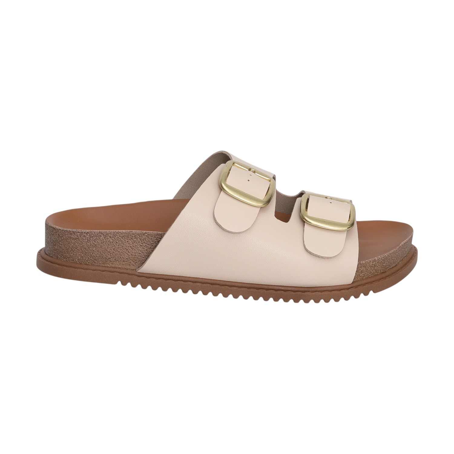 Women Cream Dual Straps Slides with Buckle