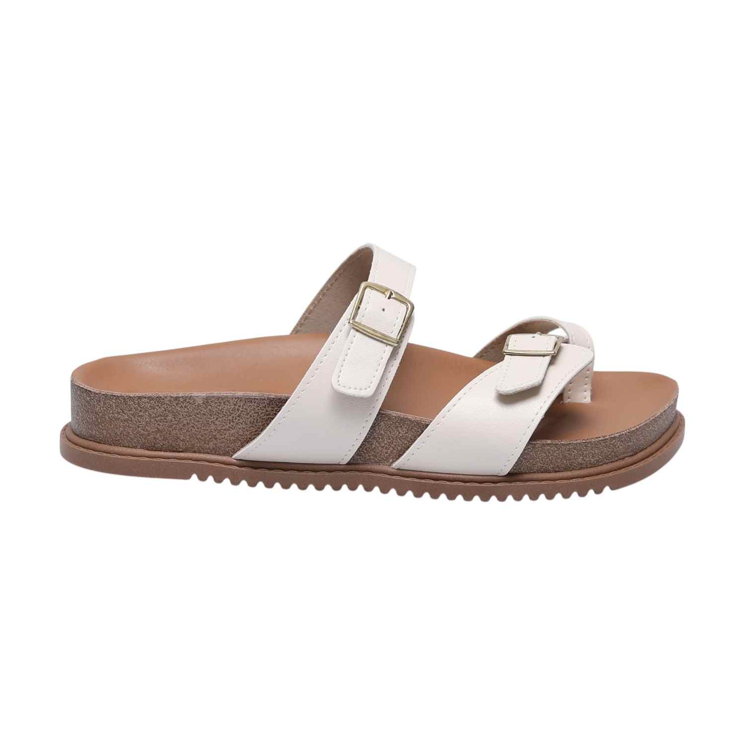 Women White Slides with Buckle Adjustment