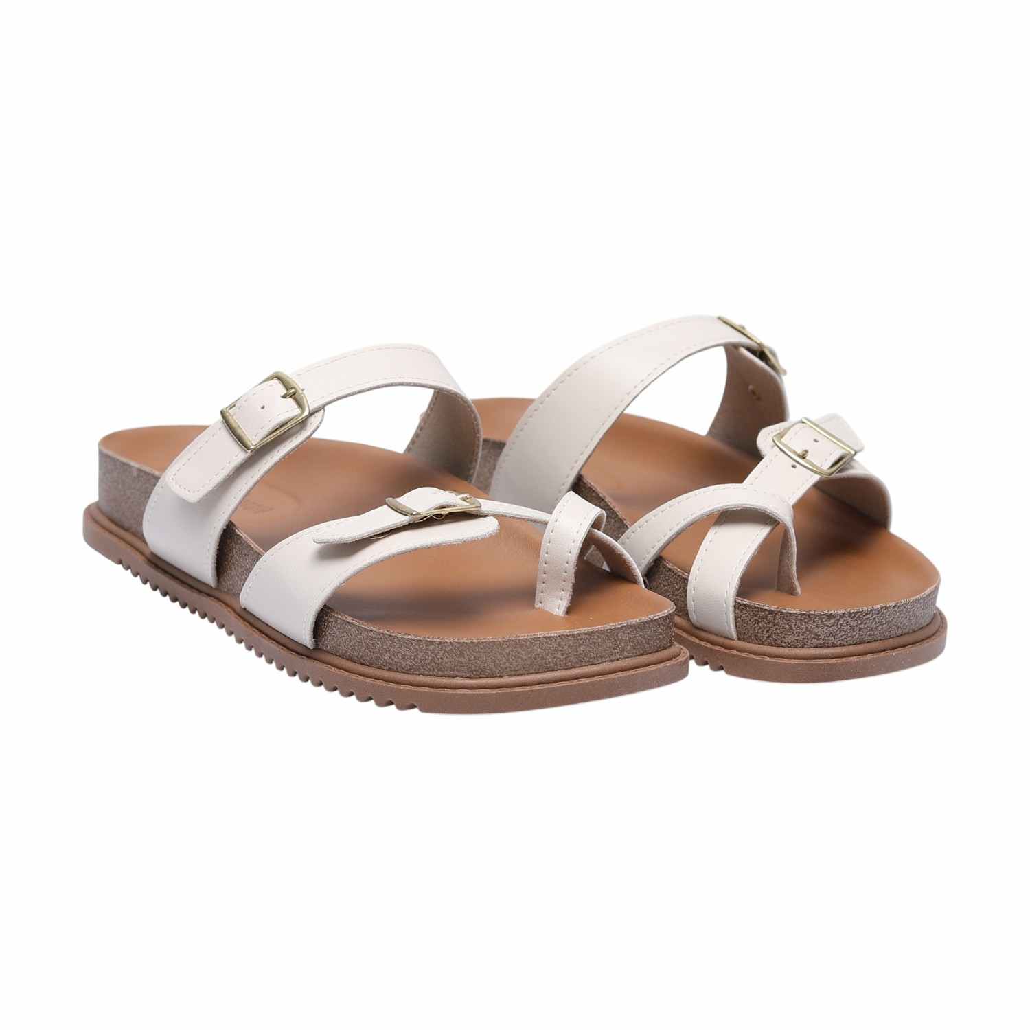 Women White Slides with Buckle Adjustment