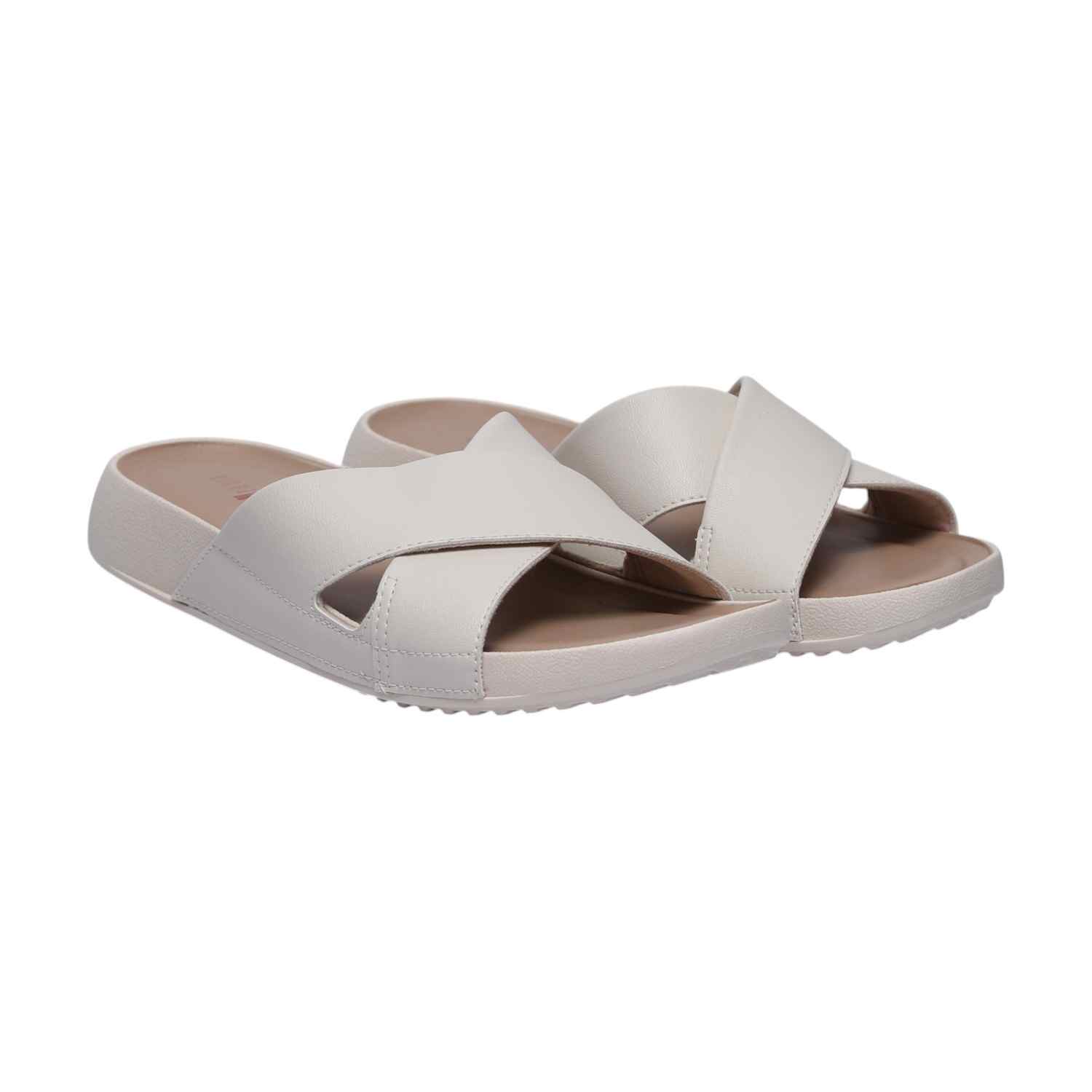 Women White Cross Strap Slides