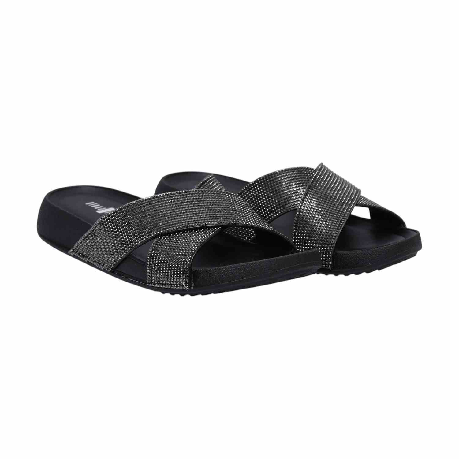 Women Sparkling Black X-Strap Platforms