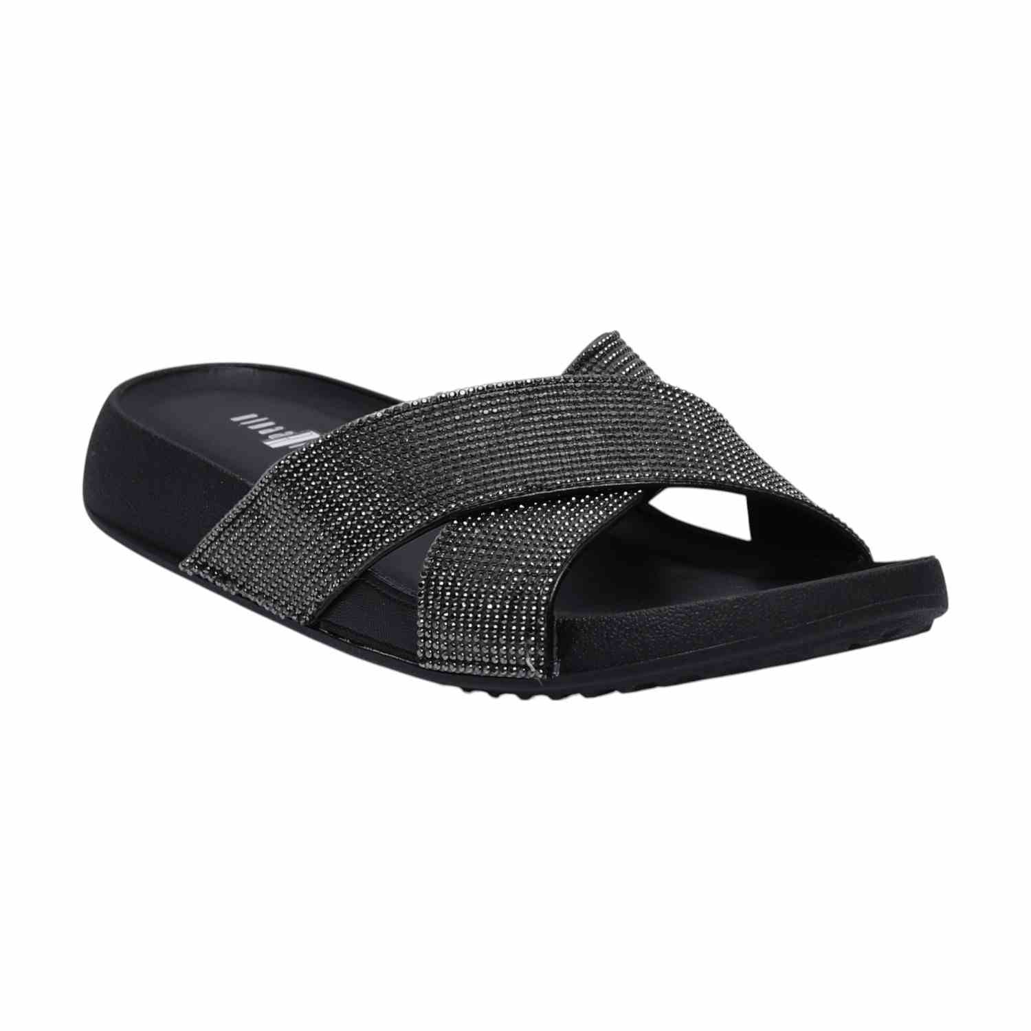 Women Sparkling Black X-Strap Platforms