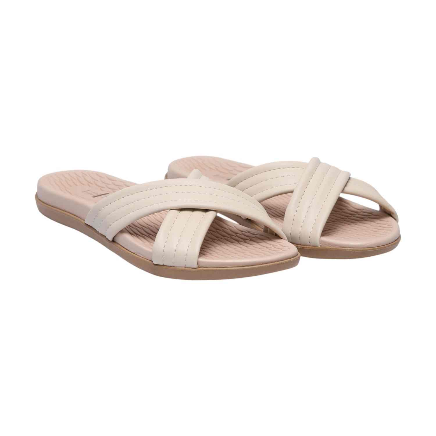 Women Cream Criss Cross Strap Slides
