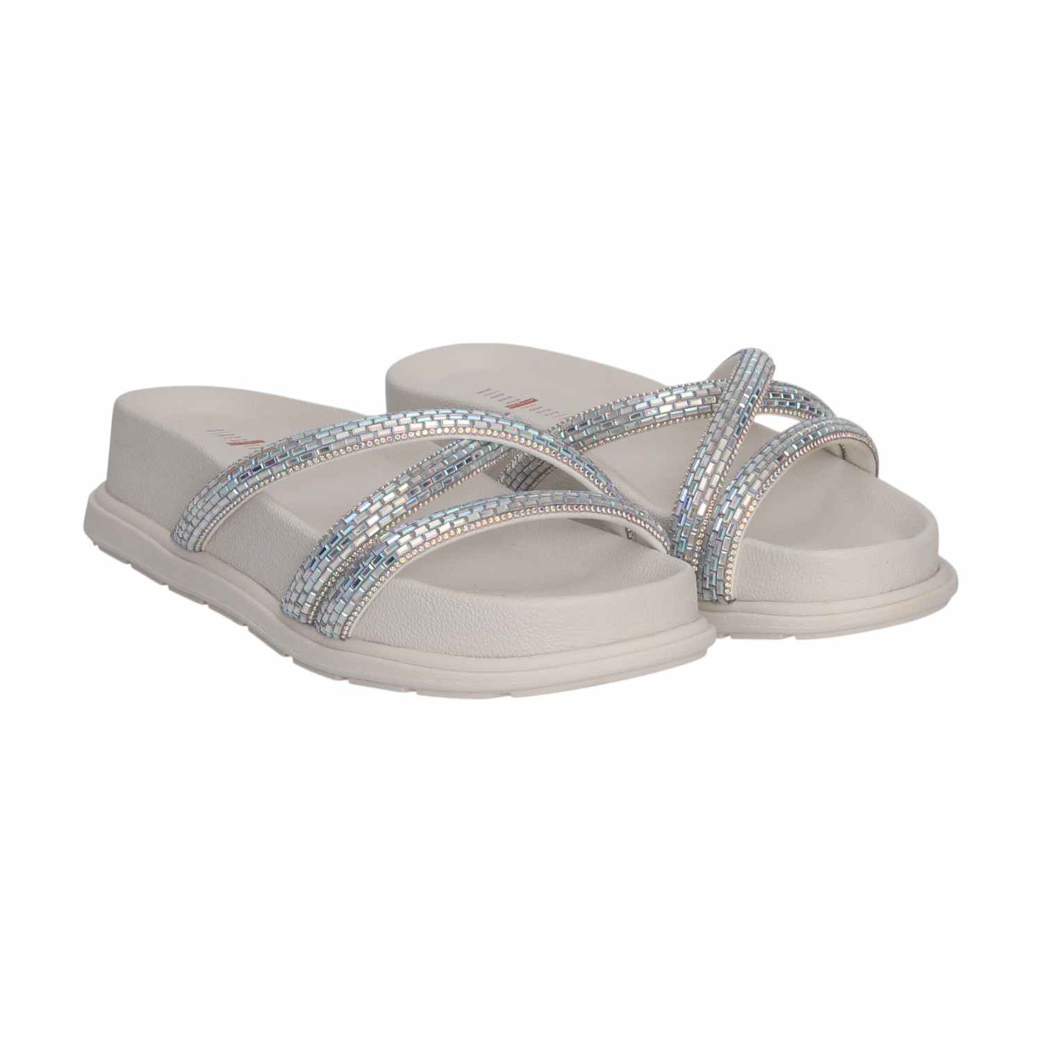 Women White Sparkle Band Slides