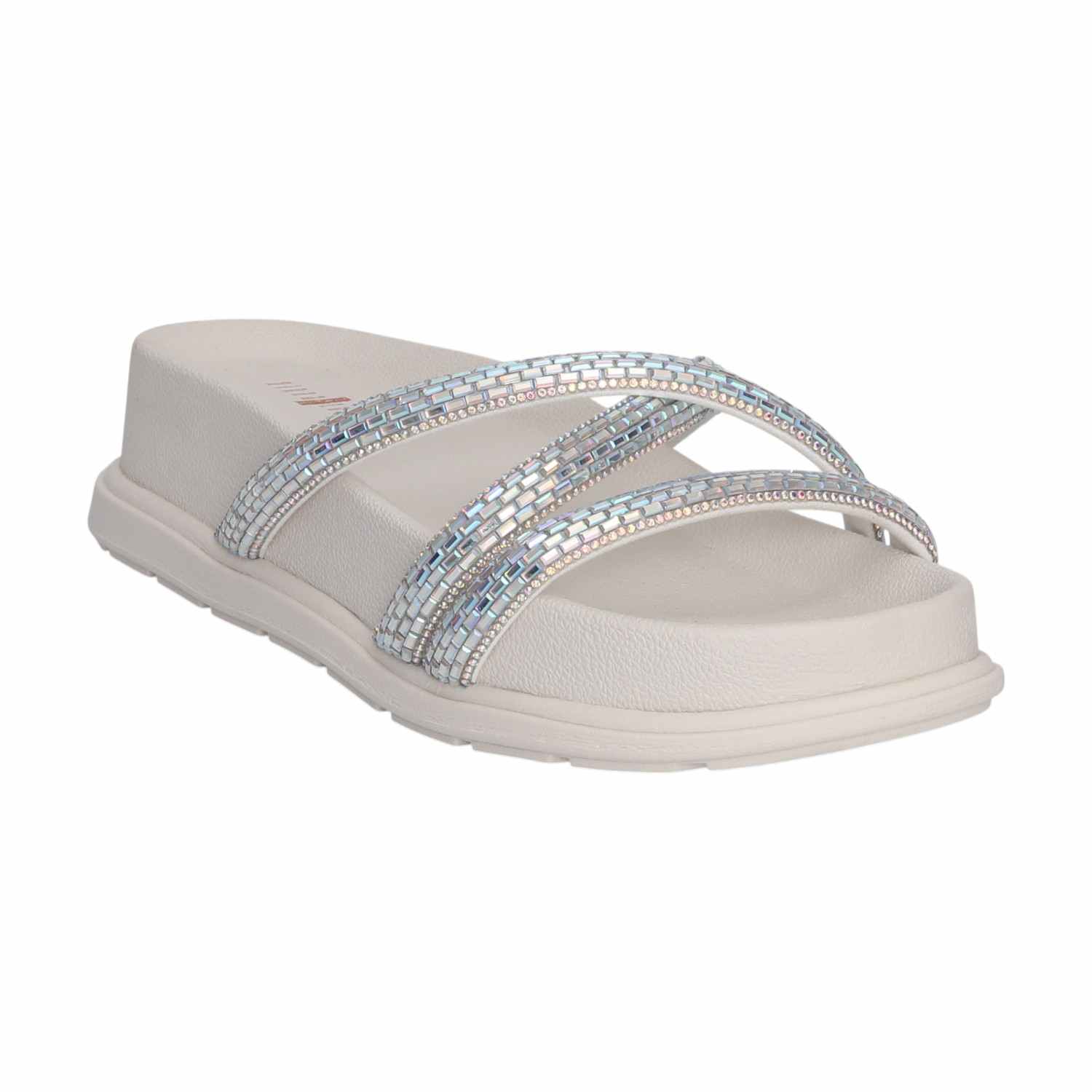 Women White Sparkle Band Slides