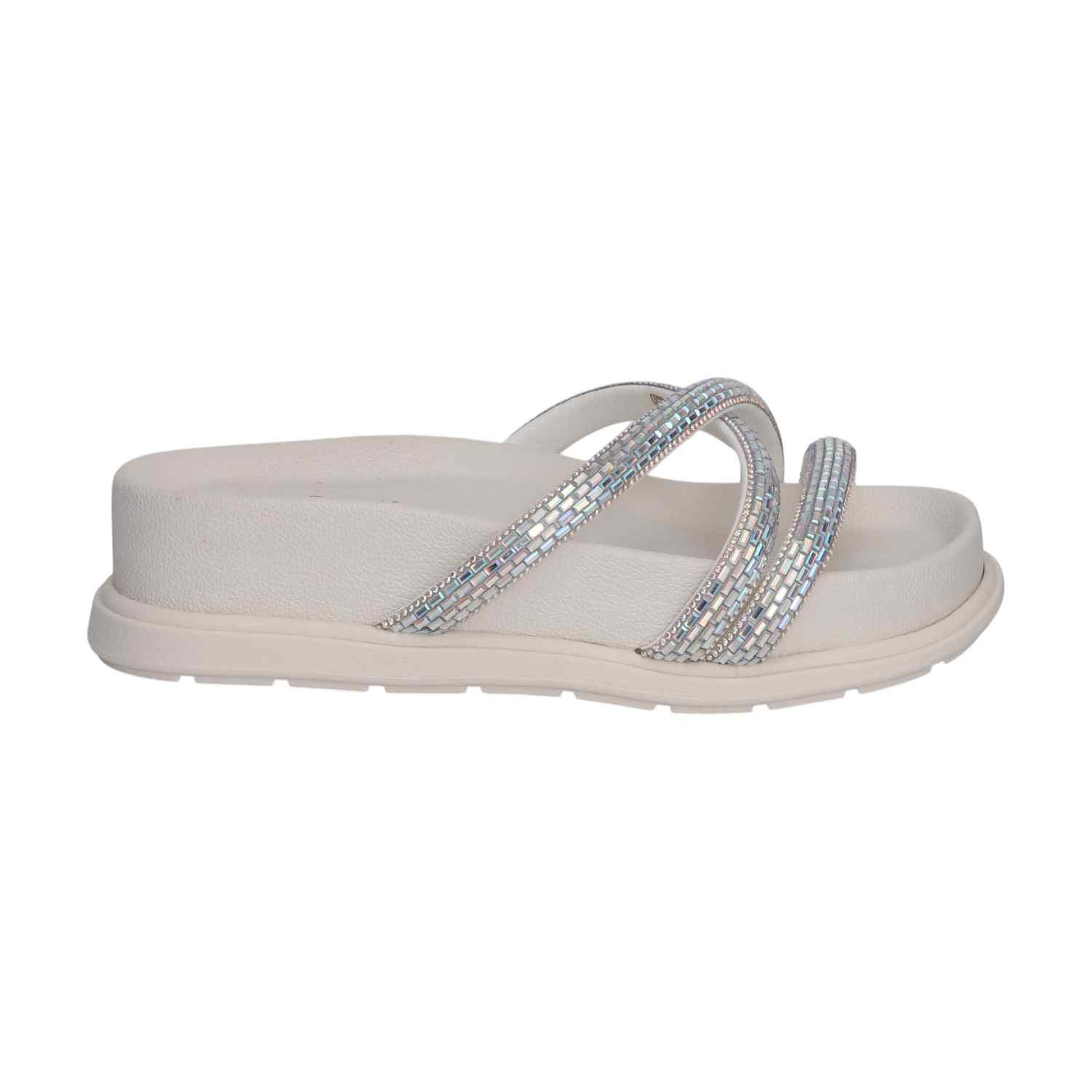 Women White Sparkle Band Slides