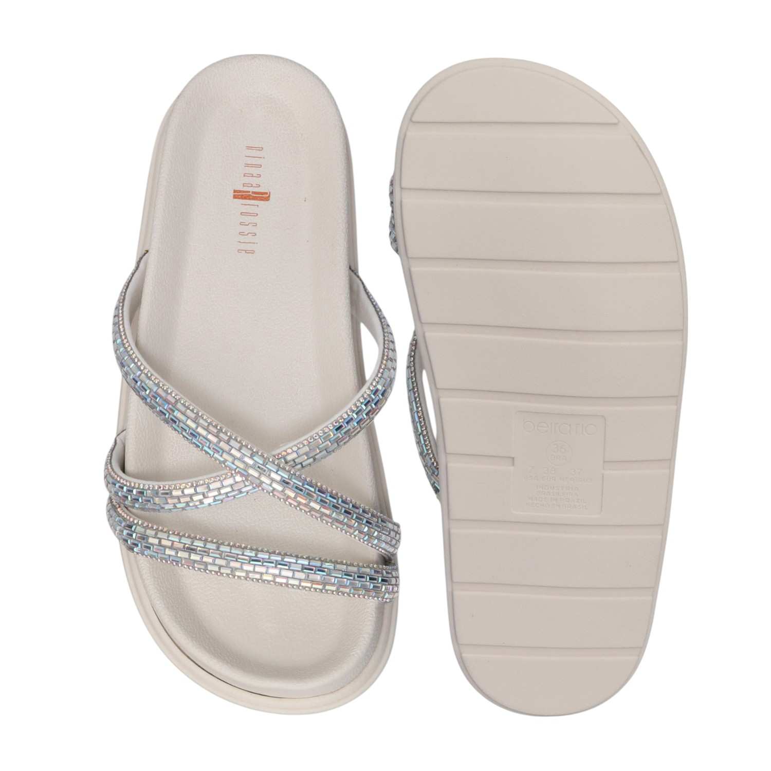 Women White Sparkle Band Slides