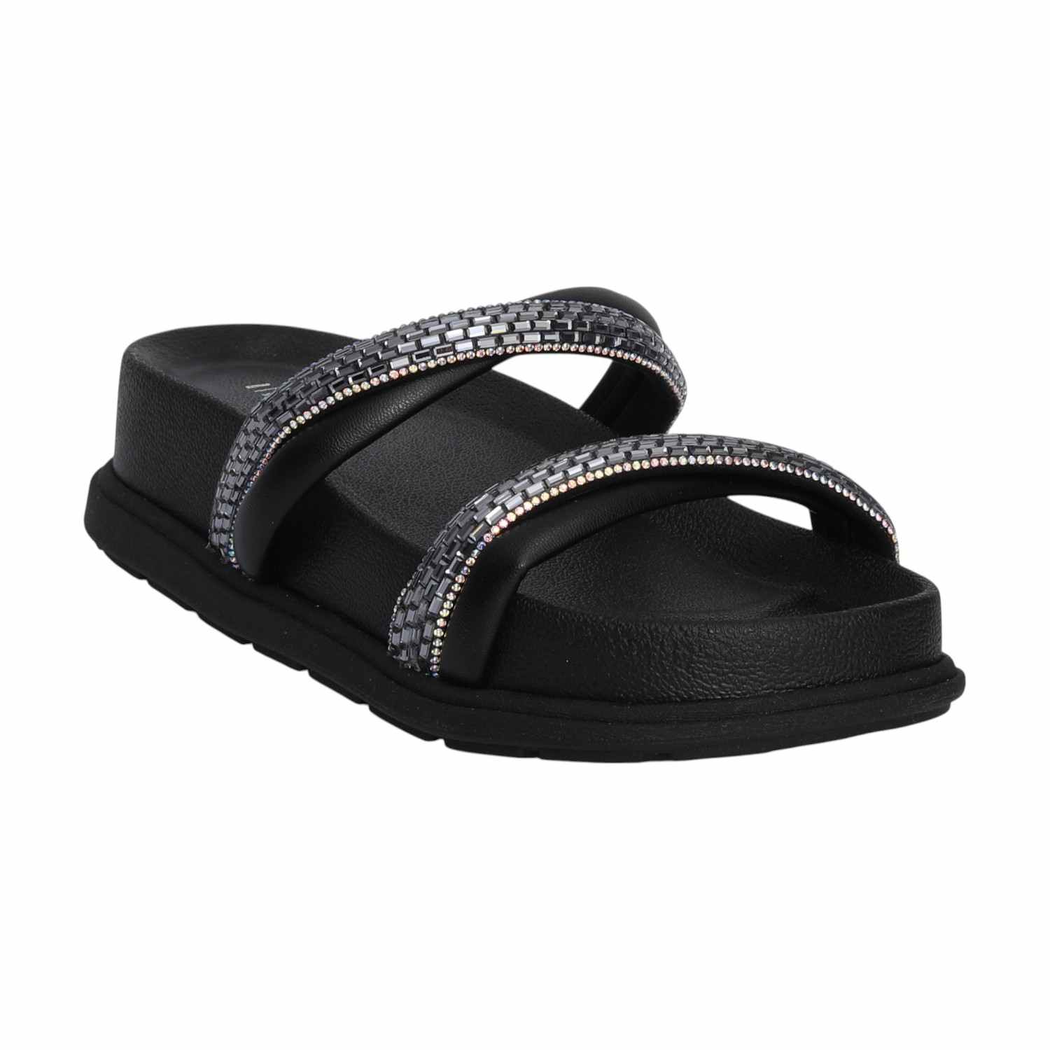 Women Black Slides with Stone Detailing