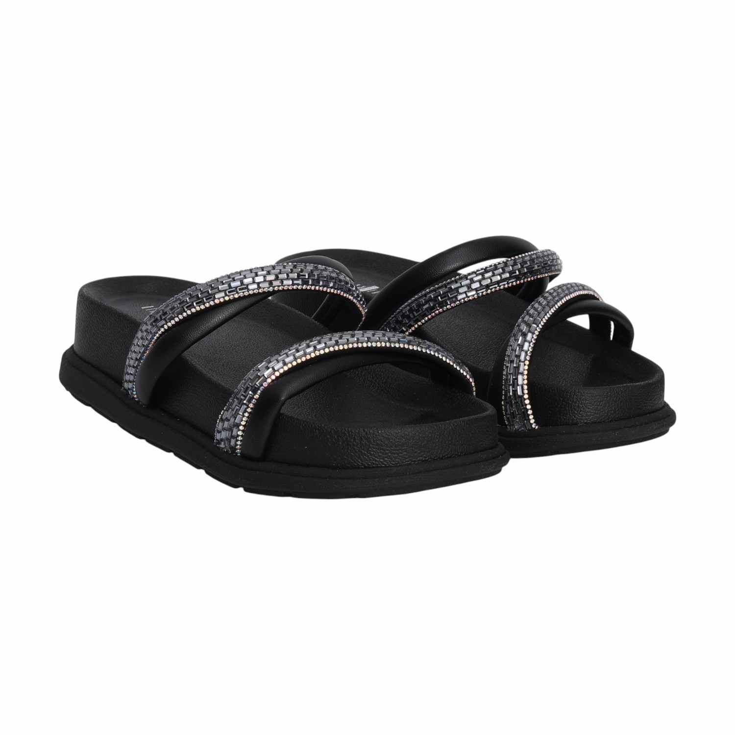 Women Black Slides with Stone Detailing