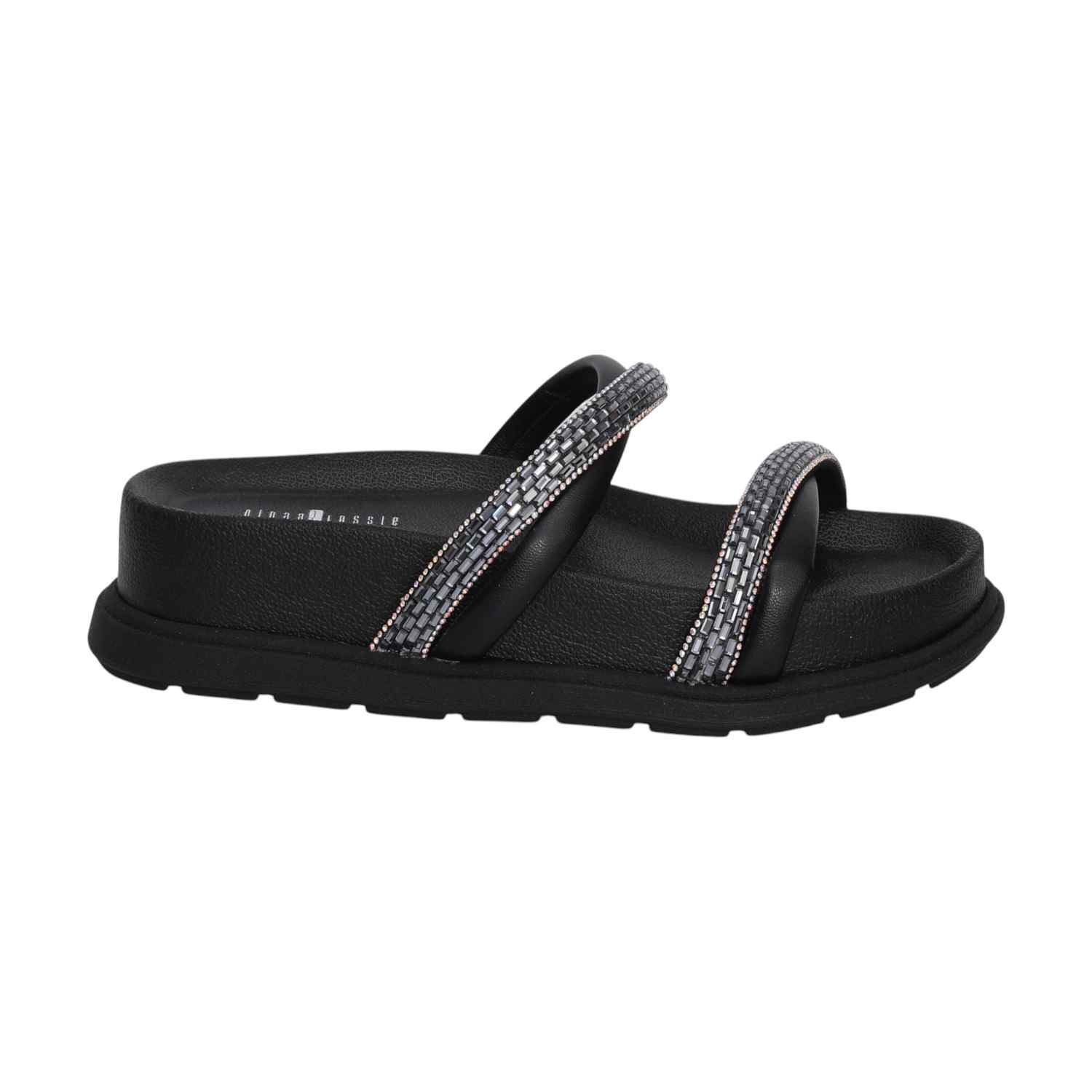 Women Black Slides with Stone Detailing