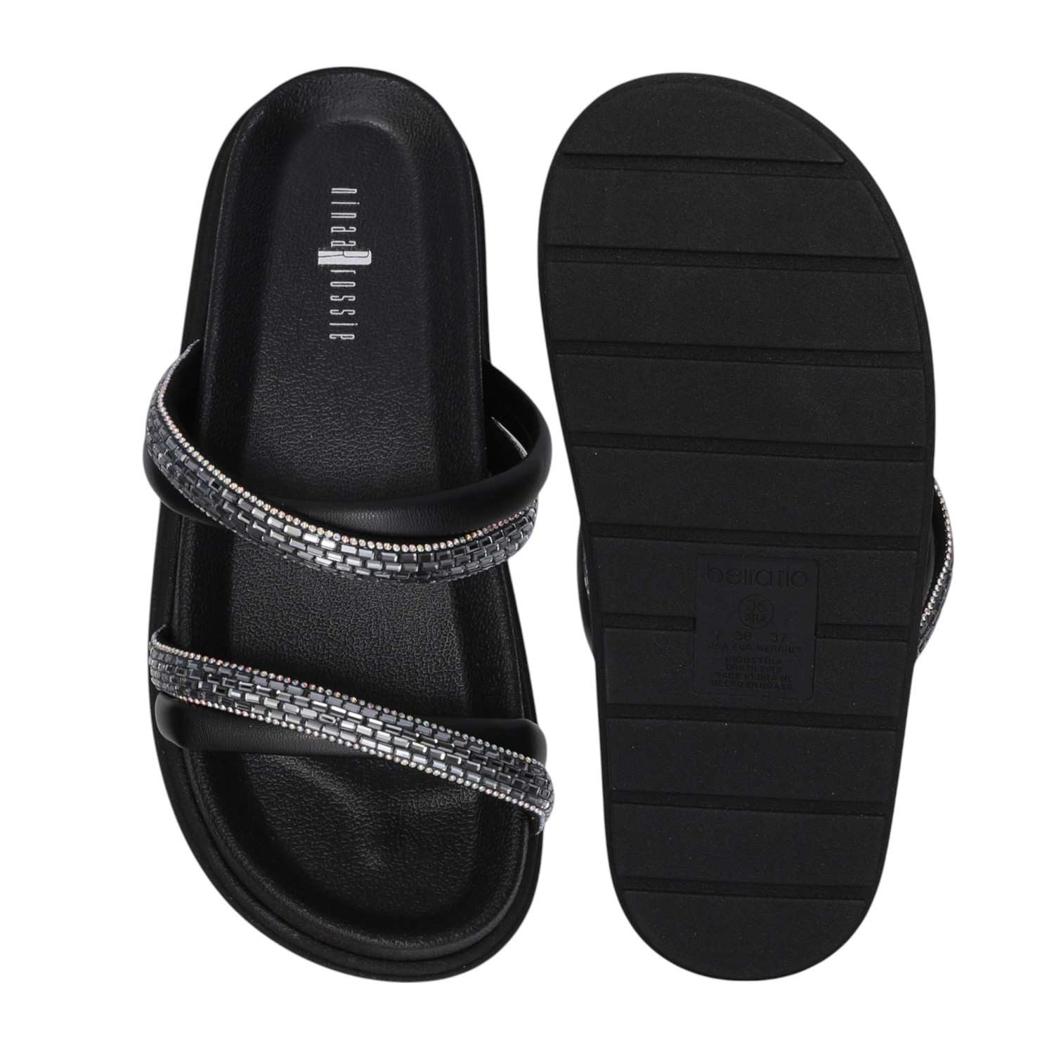 Women Black Slides with Stone Detailing
