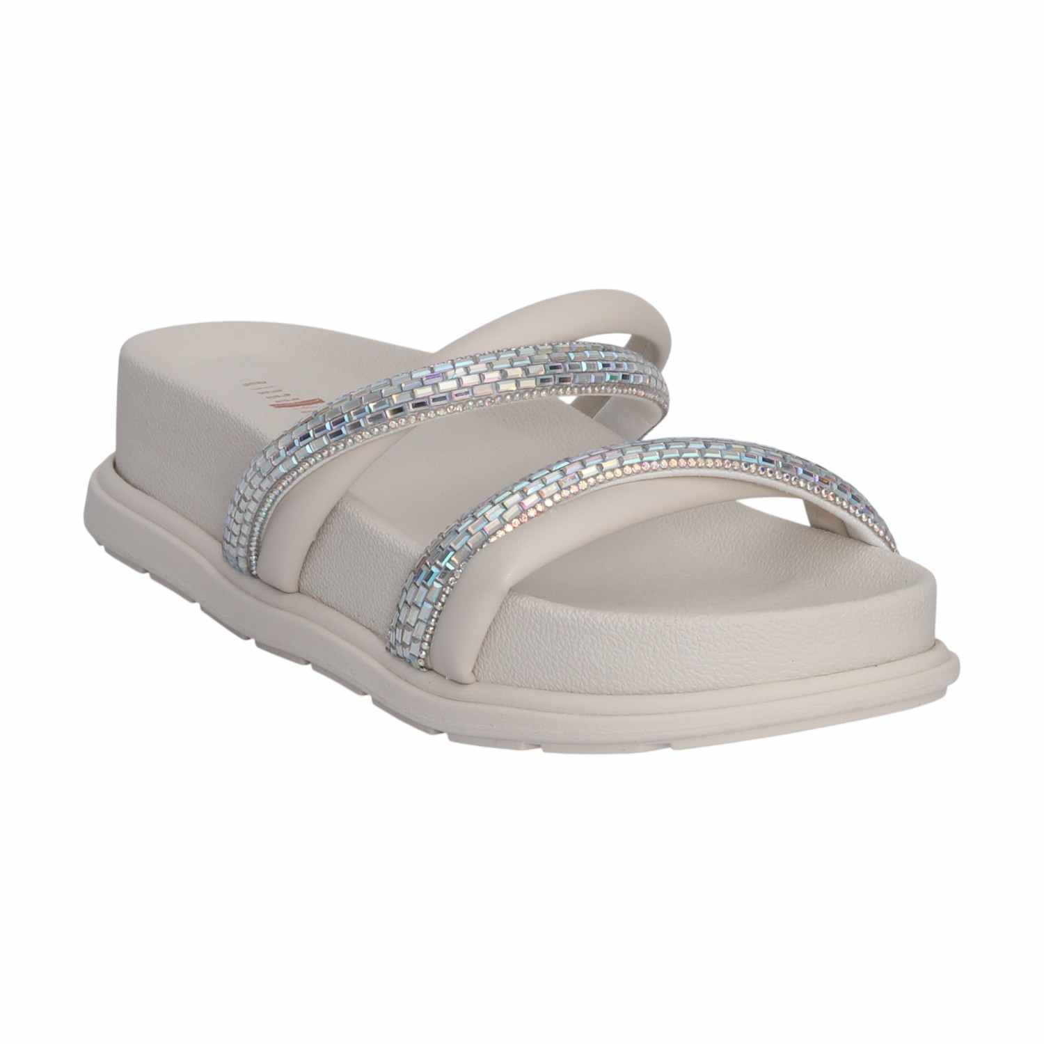 Women White Color Slides with Stone Detailing