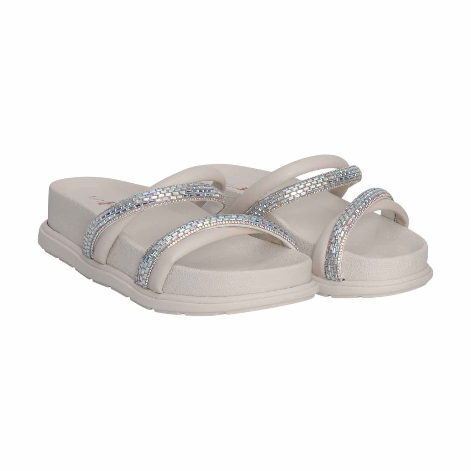 Women White Color Slides with Stone Detailing