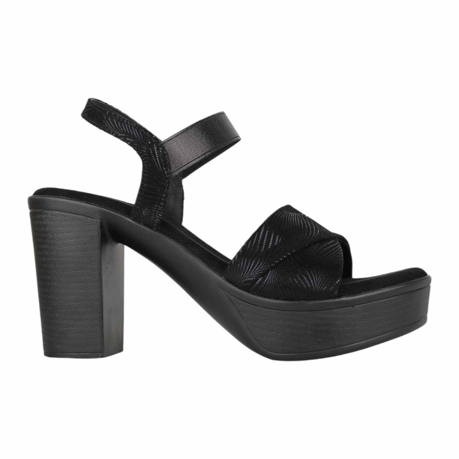 Women Black Embossed Platform Block Heel Sandals