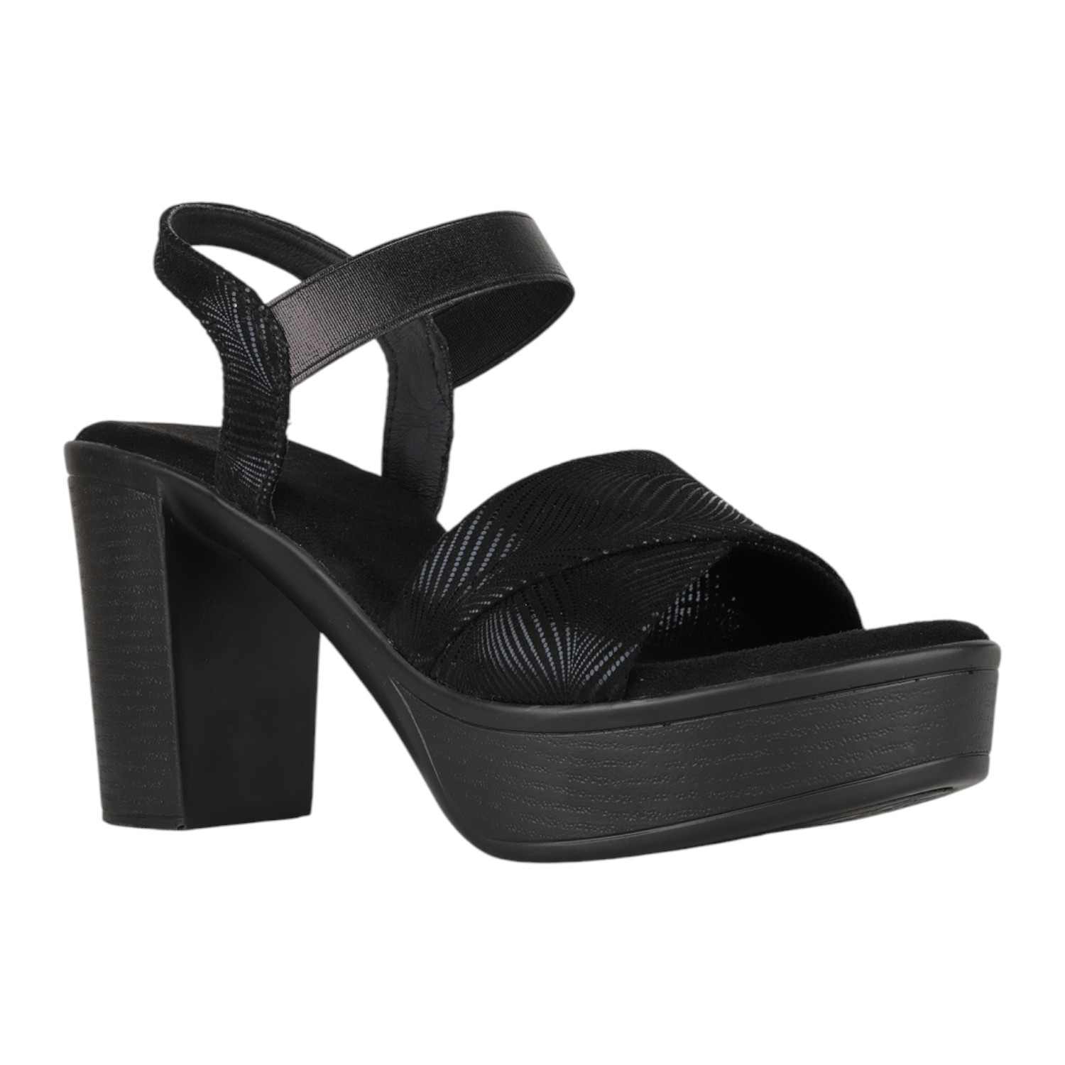 Women Black Embossed Platform Block Heel Sandals