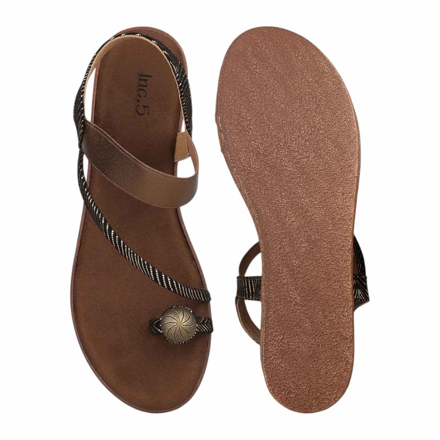 Women Bronze & Black Metallic Wedge Thong Sandals