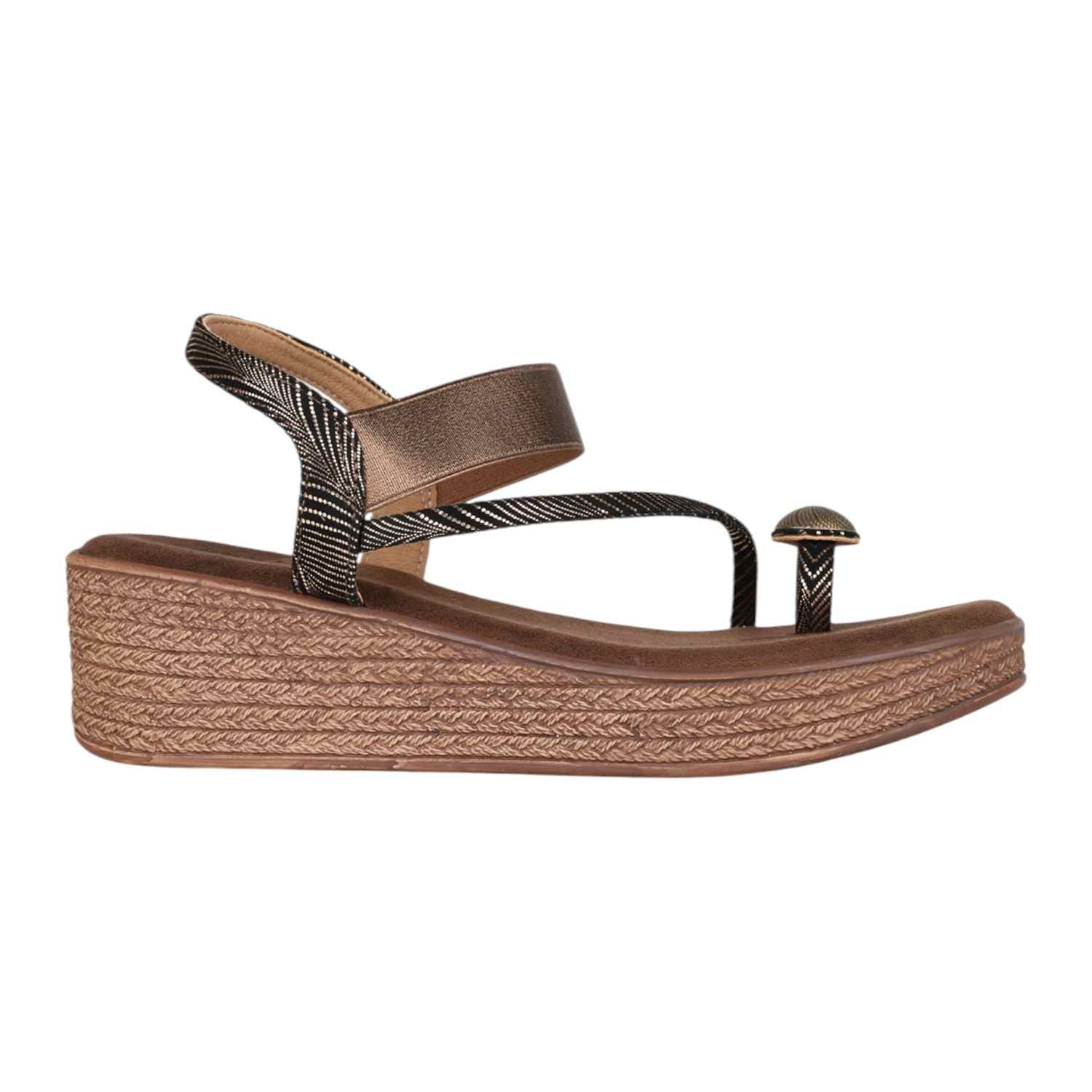 Women Bronze & Black Metallic Wedge Thong Sandals