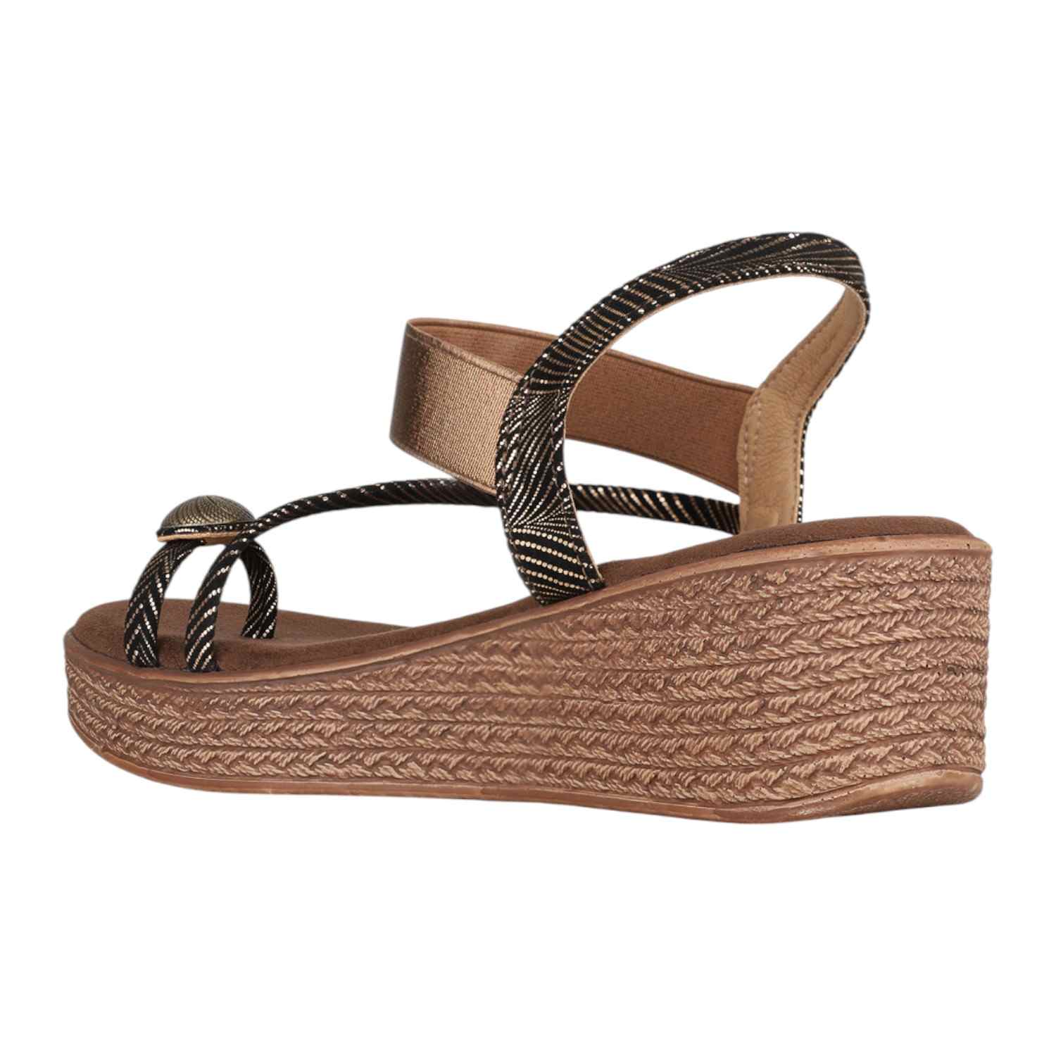 Women Bronze & Black Metallic Wedge Thong Sandals