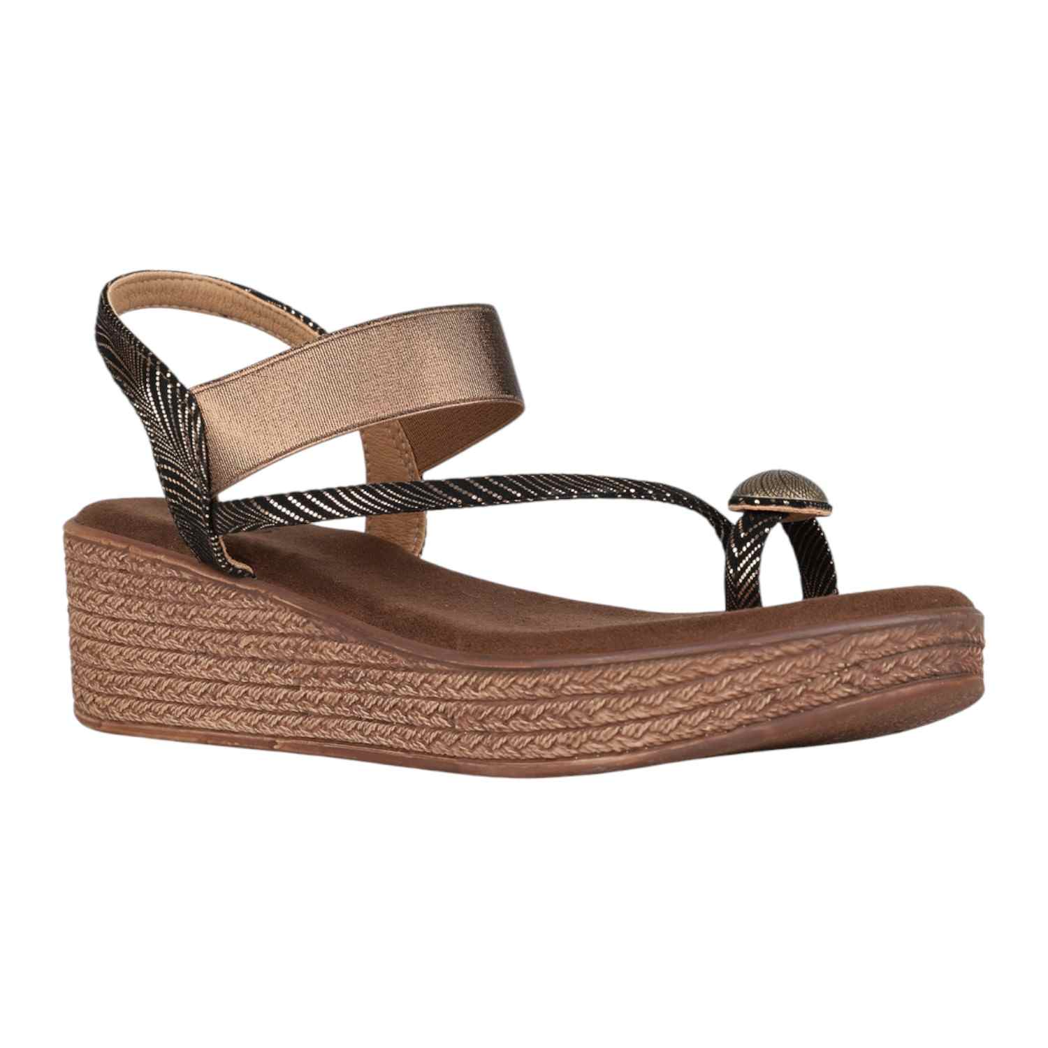 Women Bronze & Black Metallic Wedge Thong Sandals
