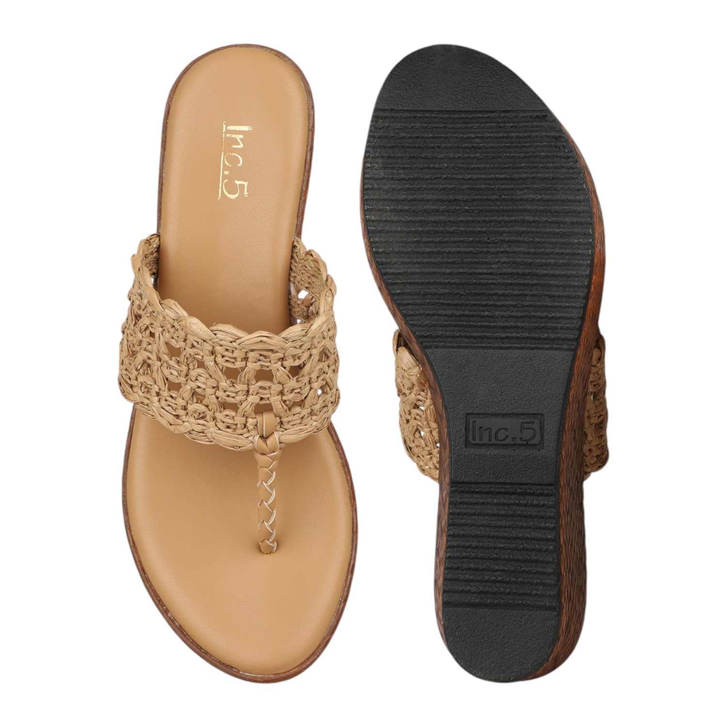 Inc.5 | Women Beige Woven Raffia Wedge Thong Sandals|3