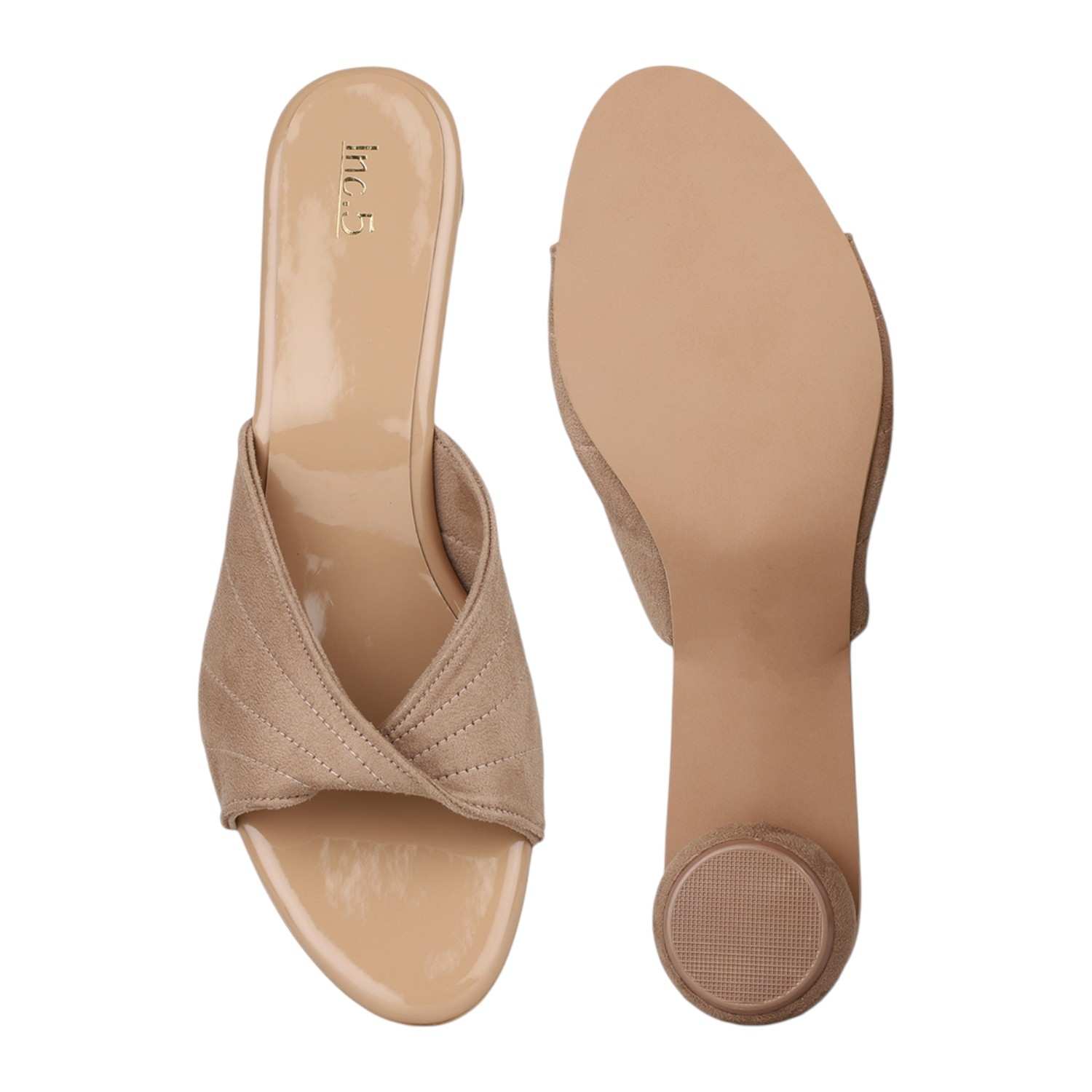Women Beige Quilted Strap Slides with Sculptural Spherical Heel