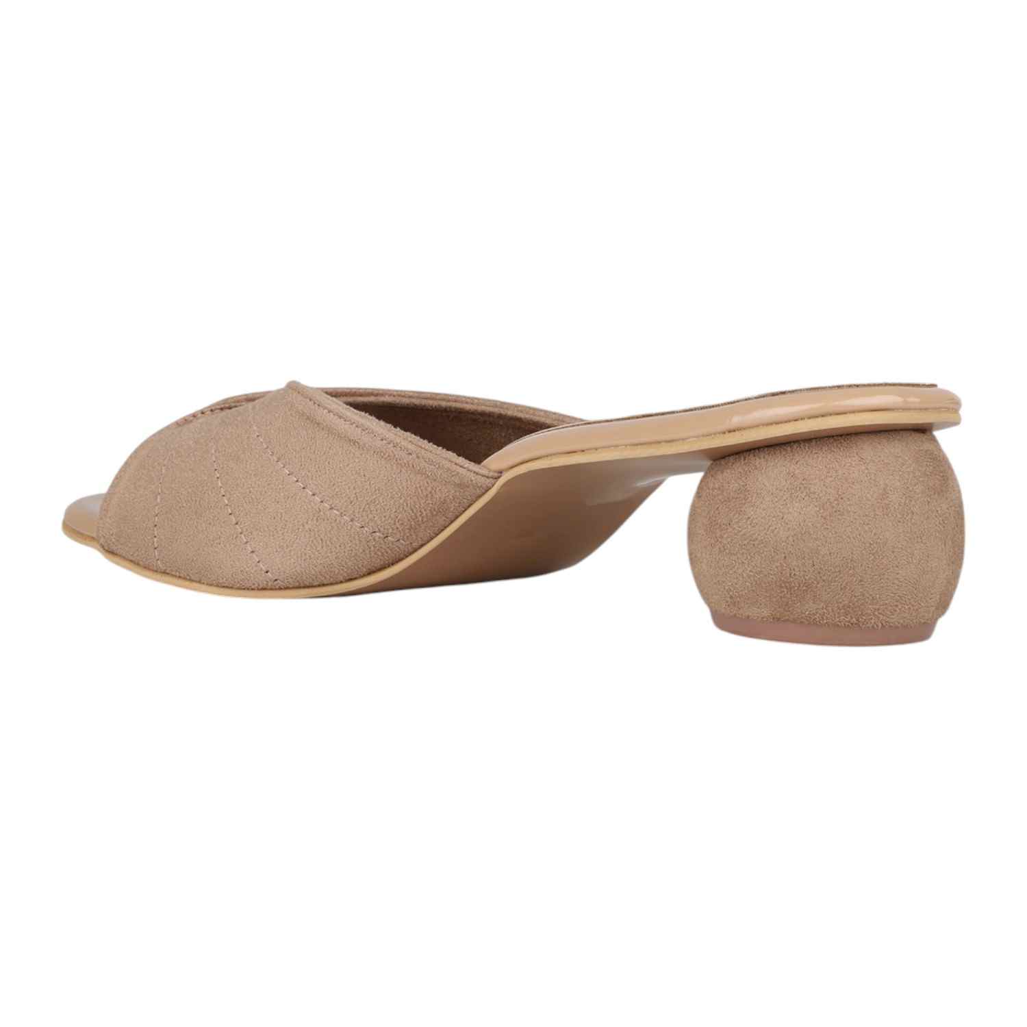 Women Beige Quilted Strap Slides with Sculptural Spherical Heel