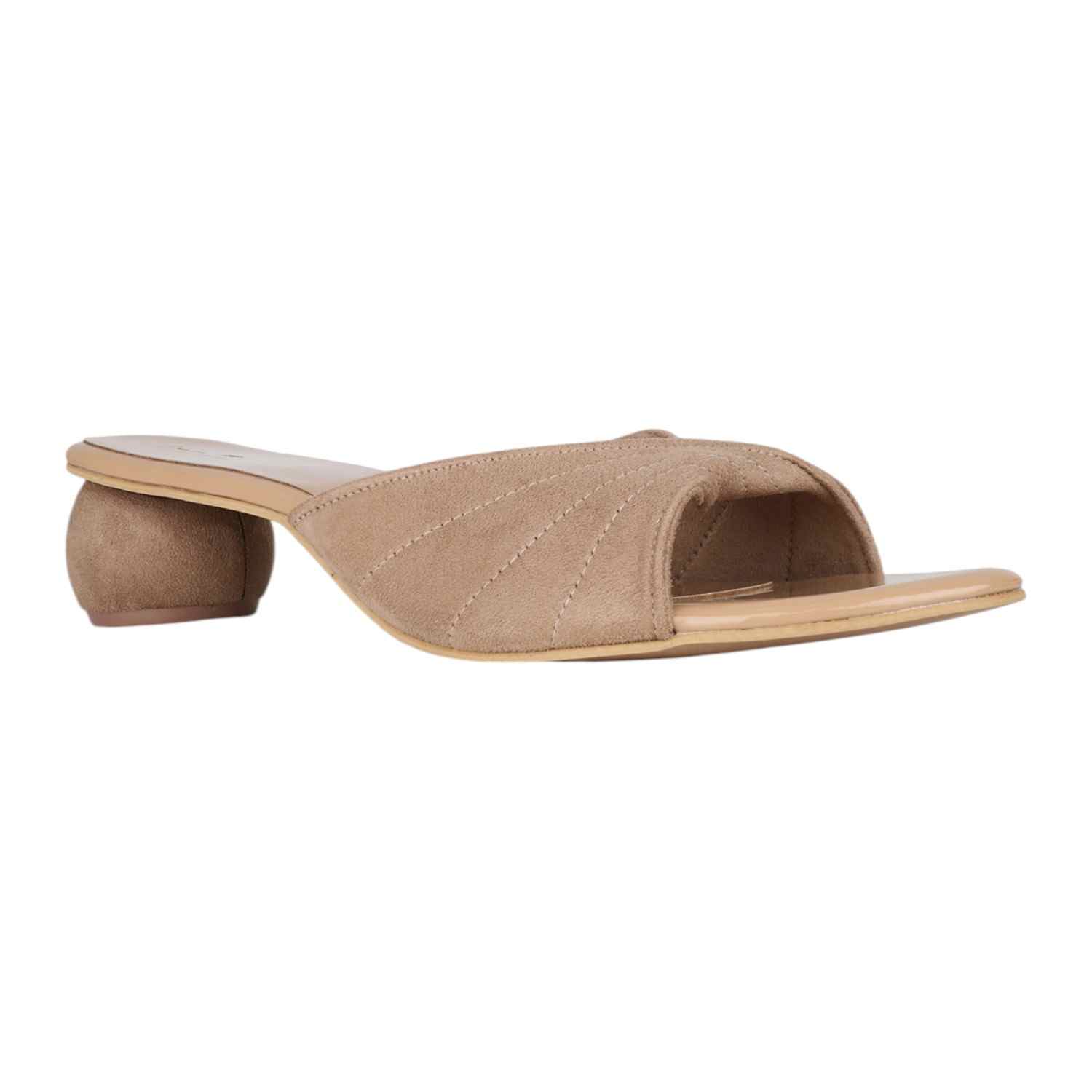 Women Beige Quilted Strap Slides with Sculptural Spherical Heel