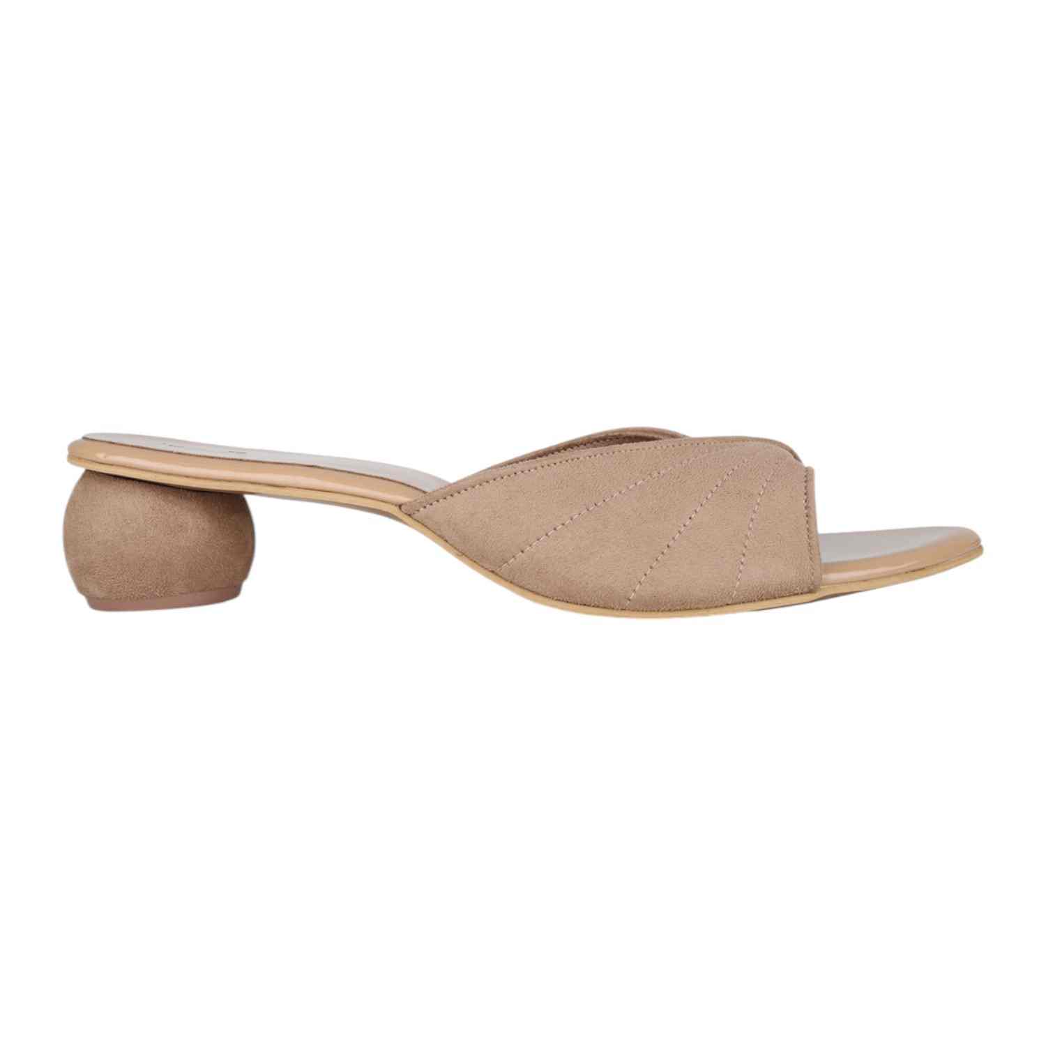 Women Beige Quilted Strap Slides with Sculptural Spherical Heel