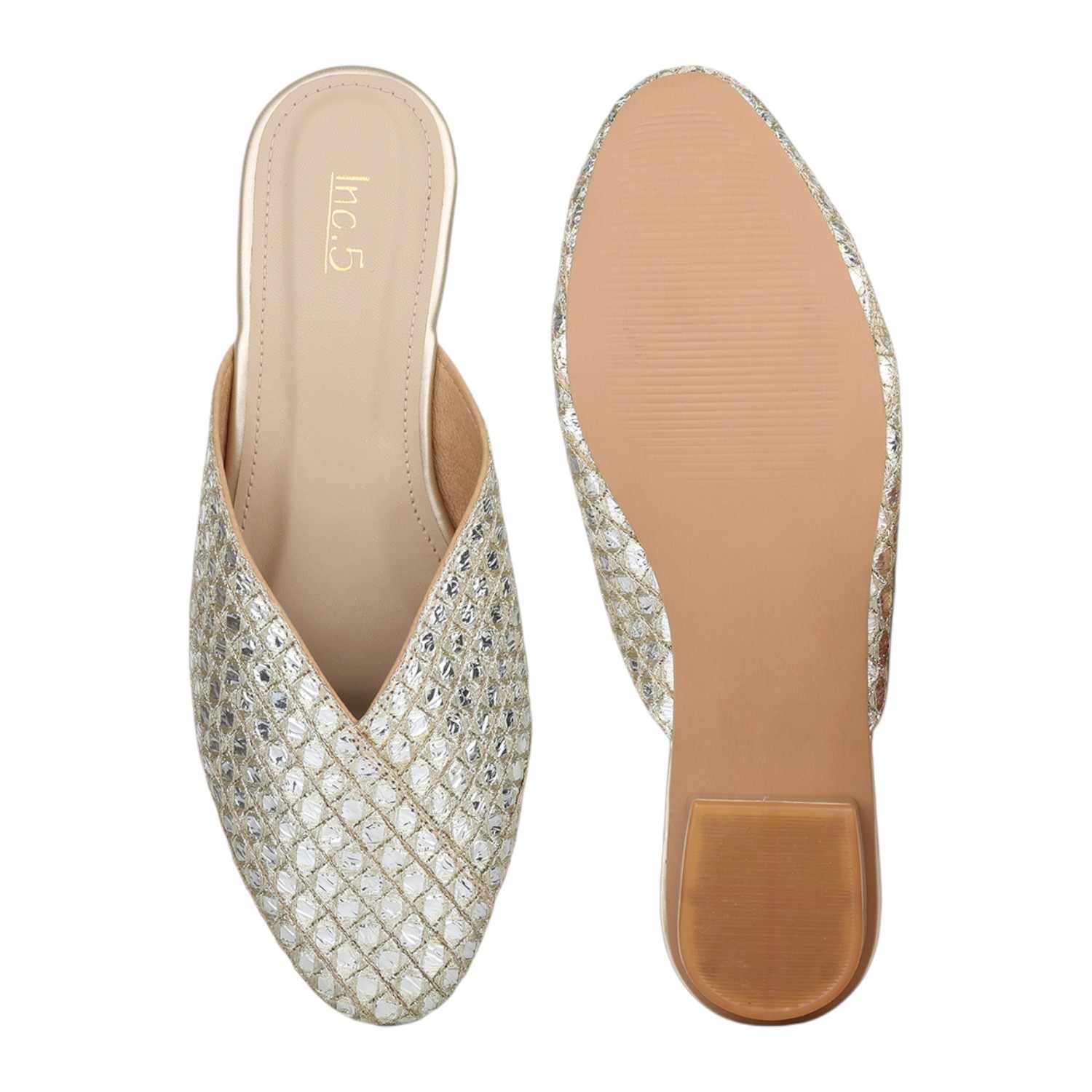 Women Gold Embellished Mirror Work Mules