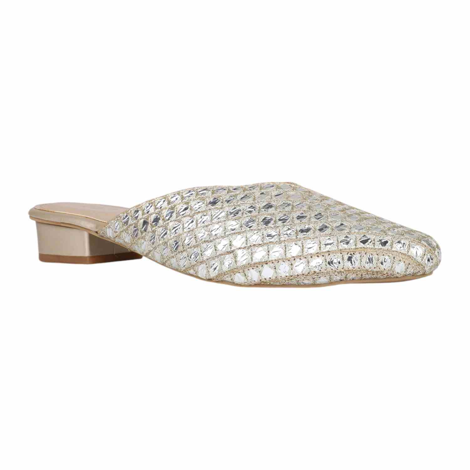 Women Gold Embellished Mirror Work Mules