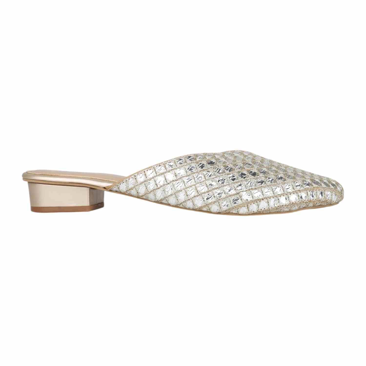 Women Gold Embellished Mirror Work Mules