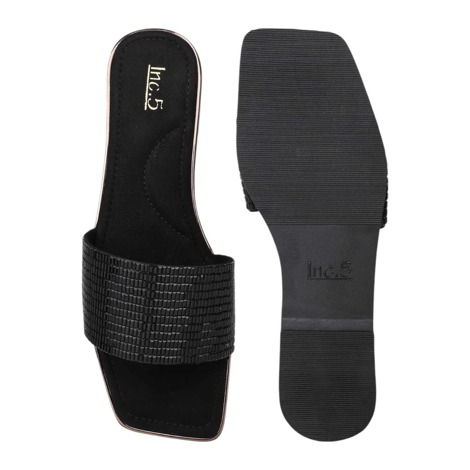 Women Black Padded Textured Slide Sandals