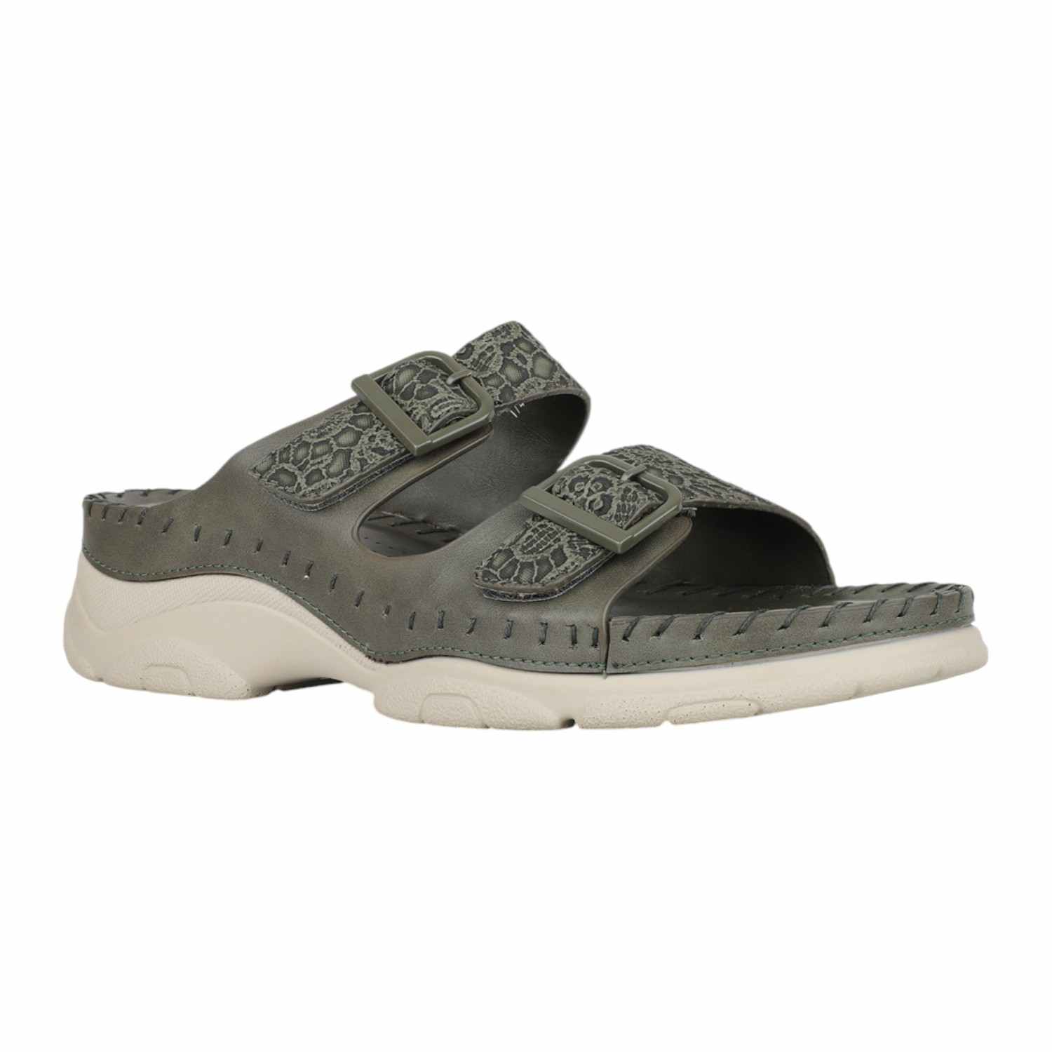 Women Green Dual Buckle Strap Comfort Slides