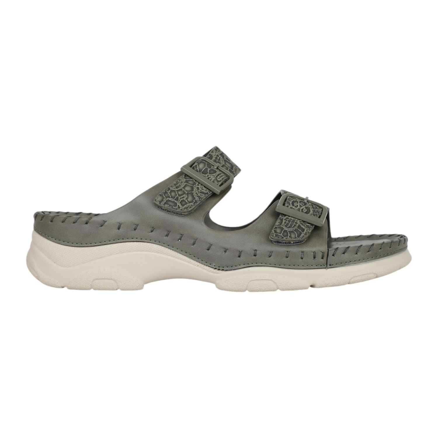 Women Green Dual Buckle Strap Comfort Slides