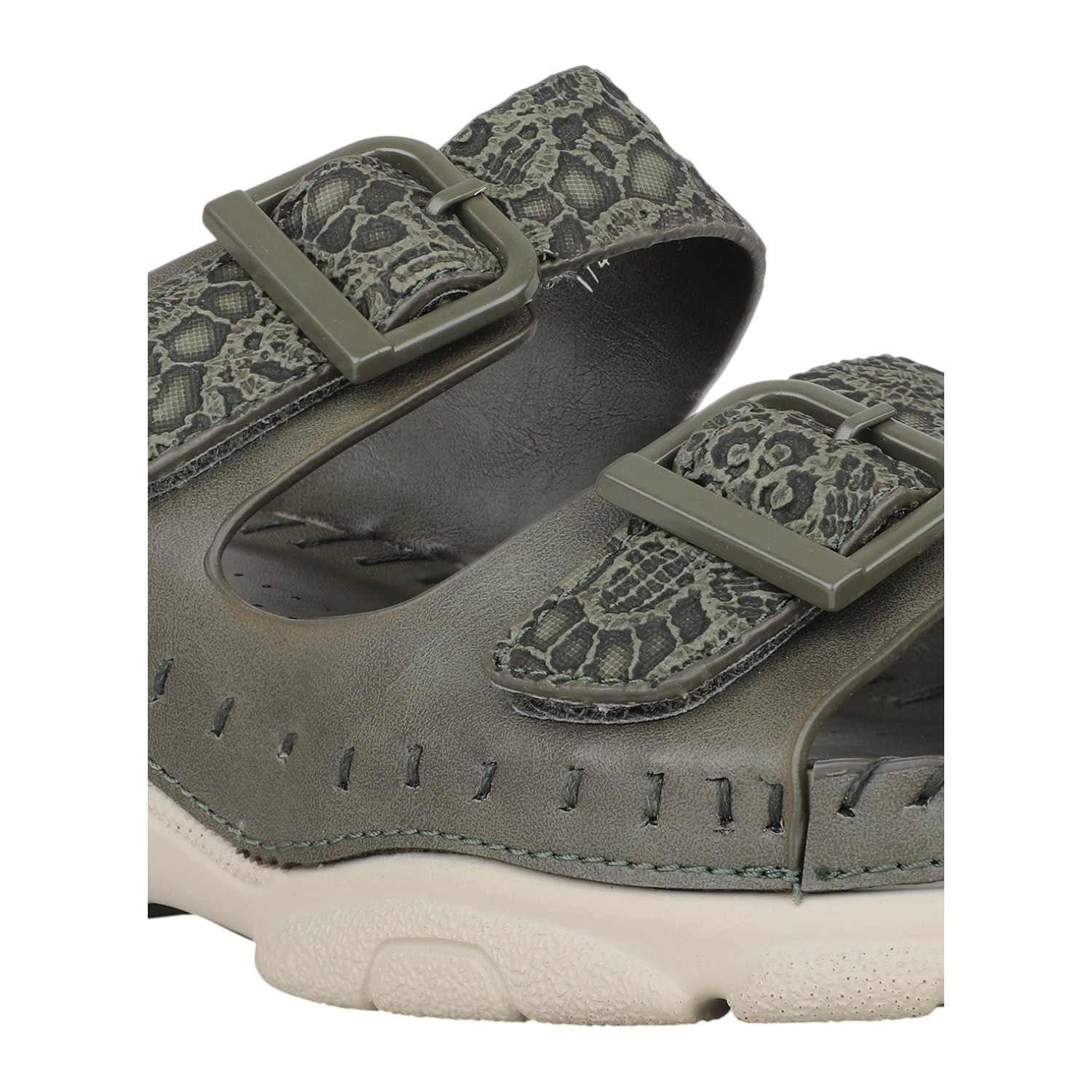 Women Green Dual Buckle Strap Comfort Slides