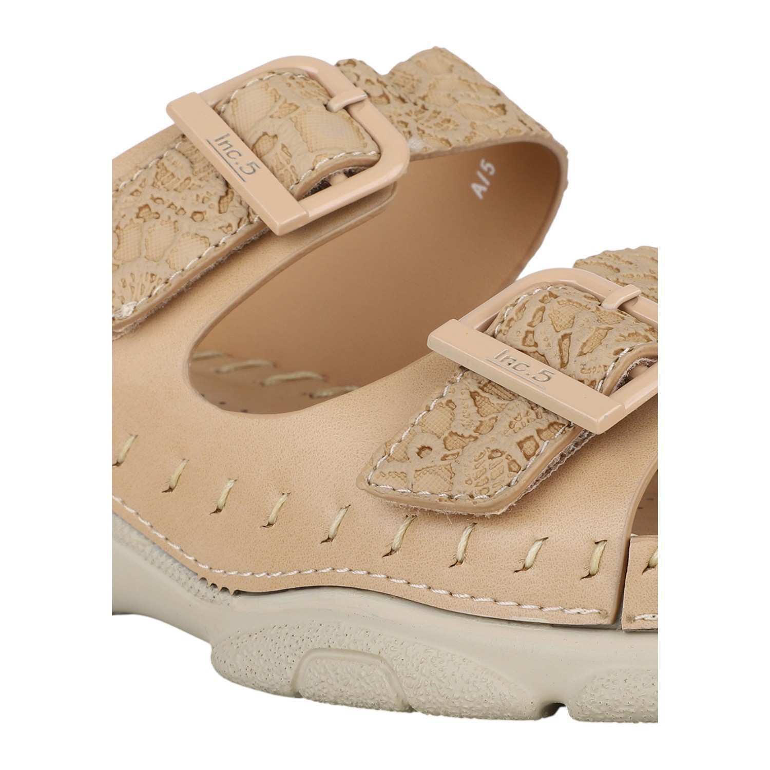 Women Beige Dual Buckle Strap Comfort Slides