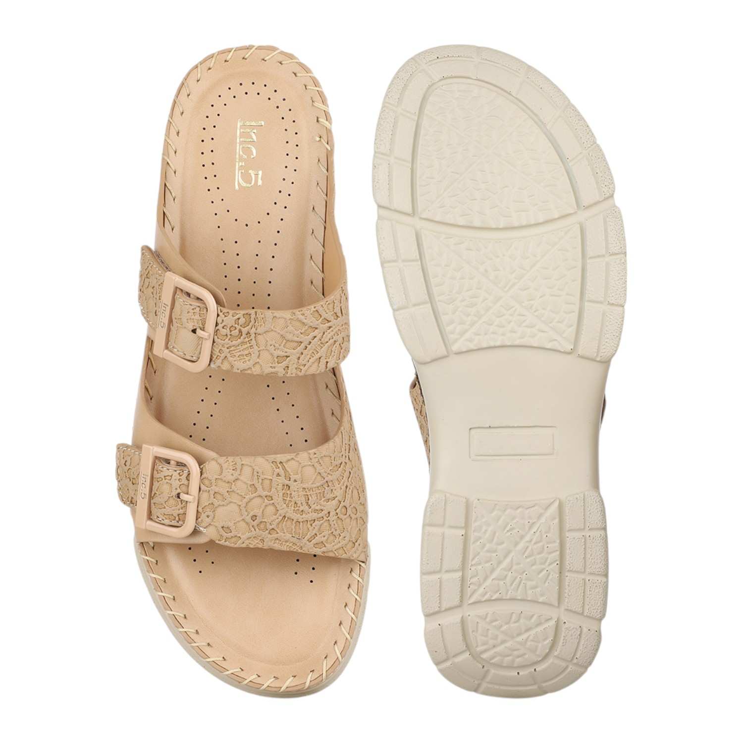Women Beige Dual Buckle Strap Comfort Slides