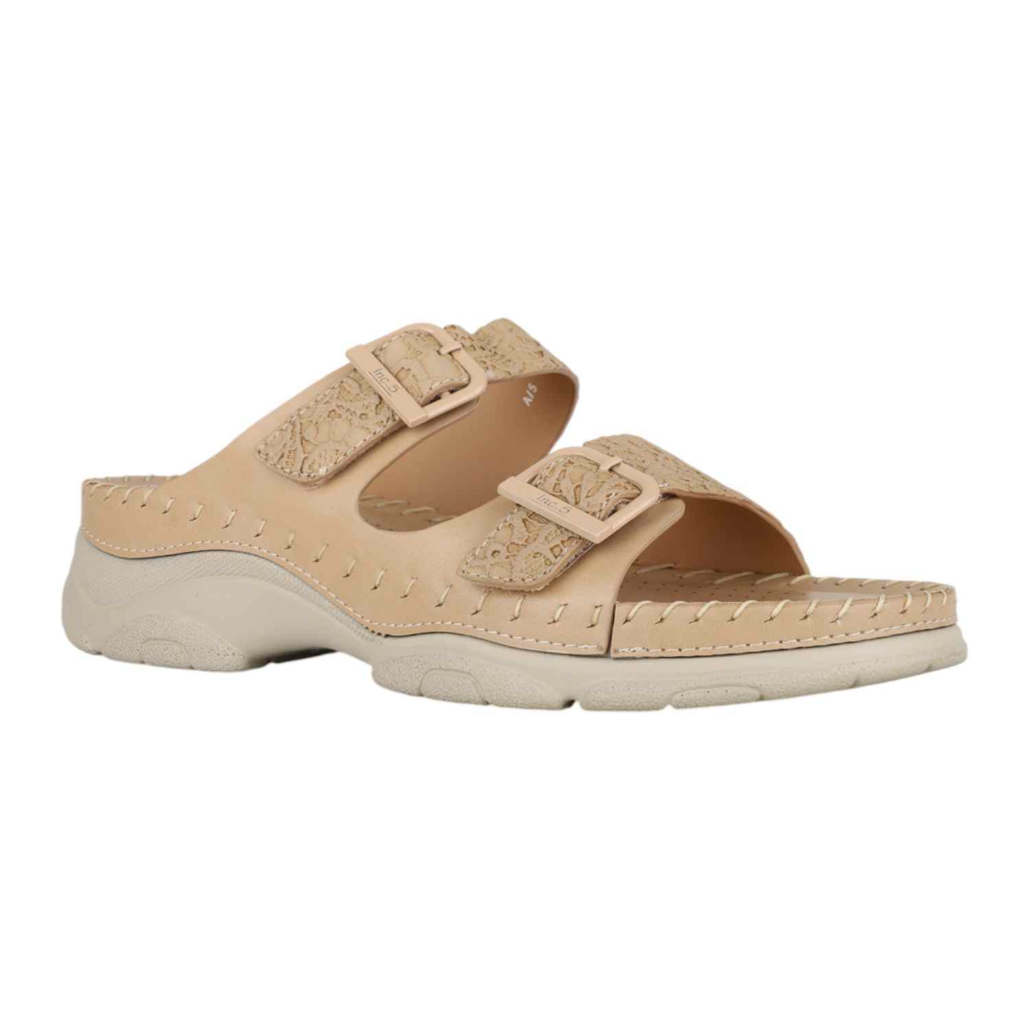 Women Beige Dual Buckle Strap Comfort Slides