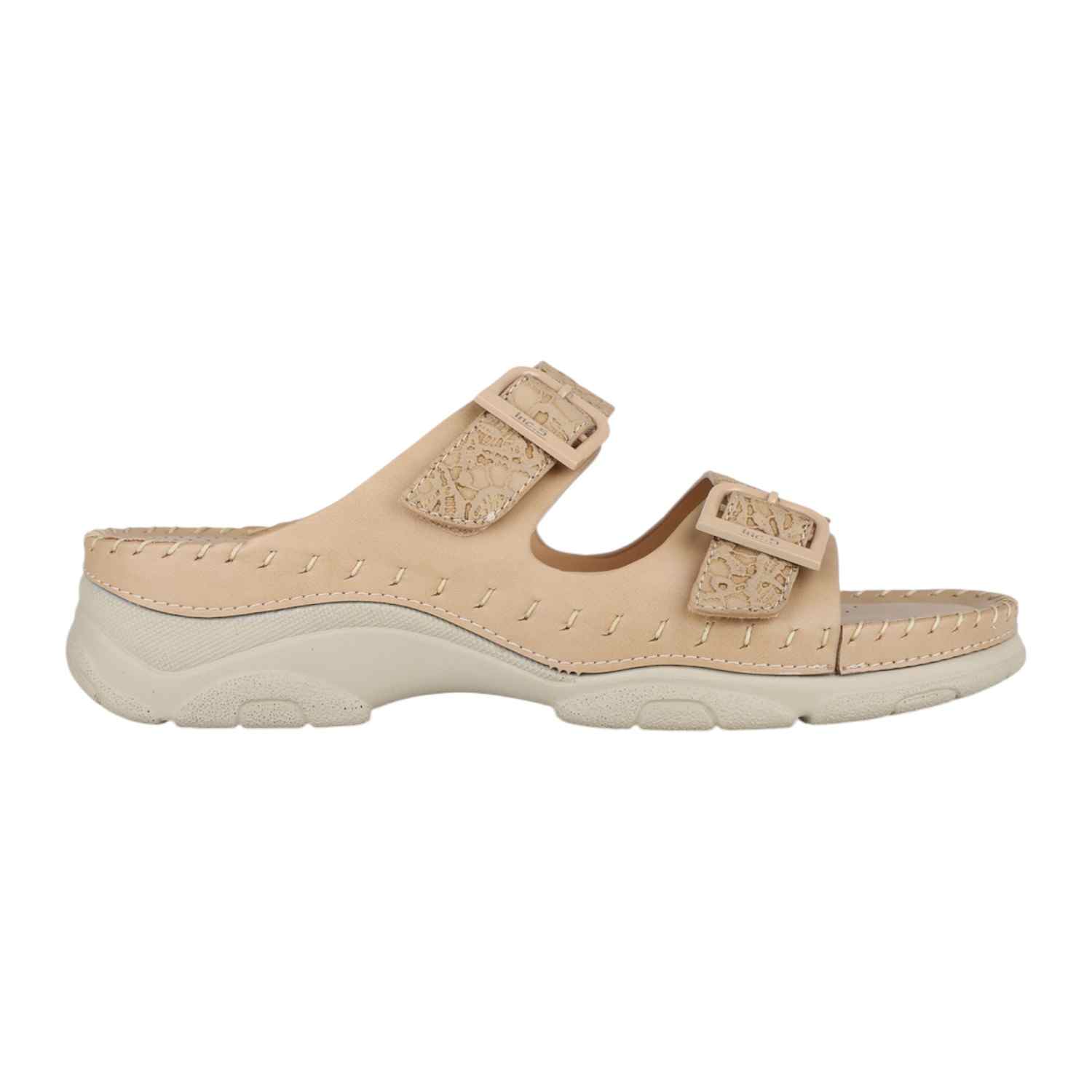 Women Beige Dual Buckle Strap Comfort Slides