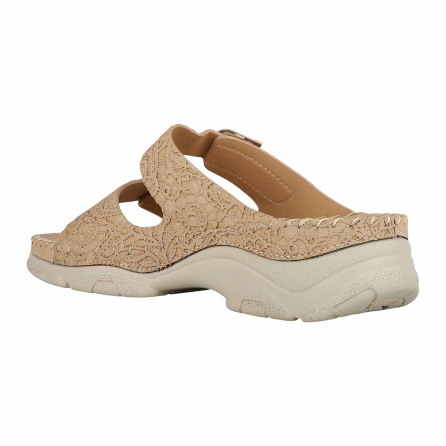 Women Beige Dual Buckle Strap Comfort Slides