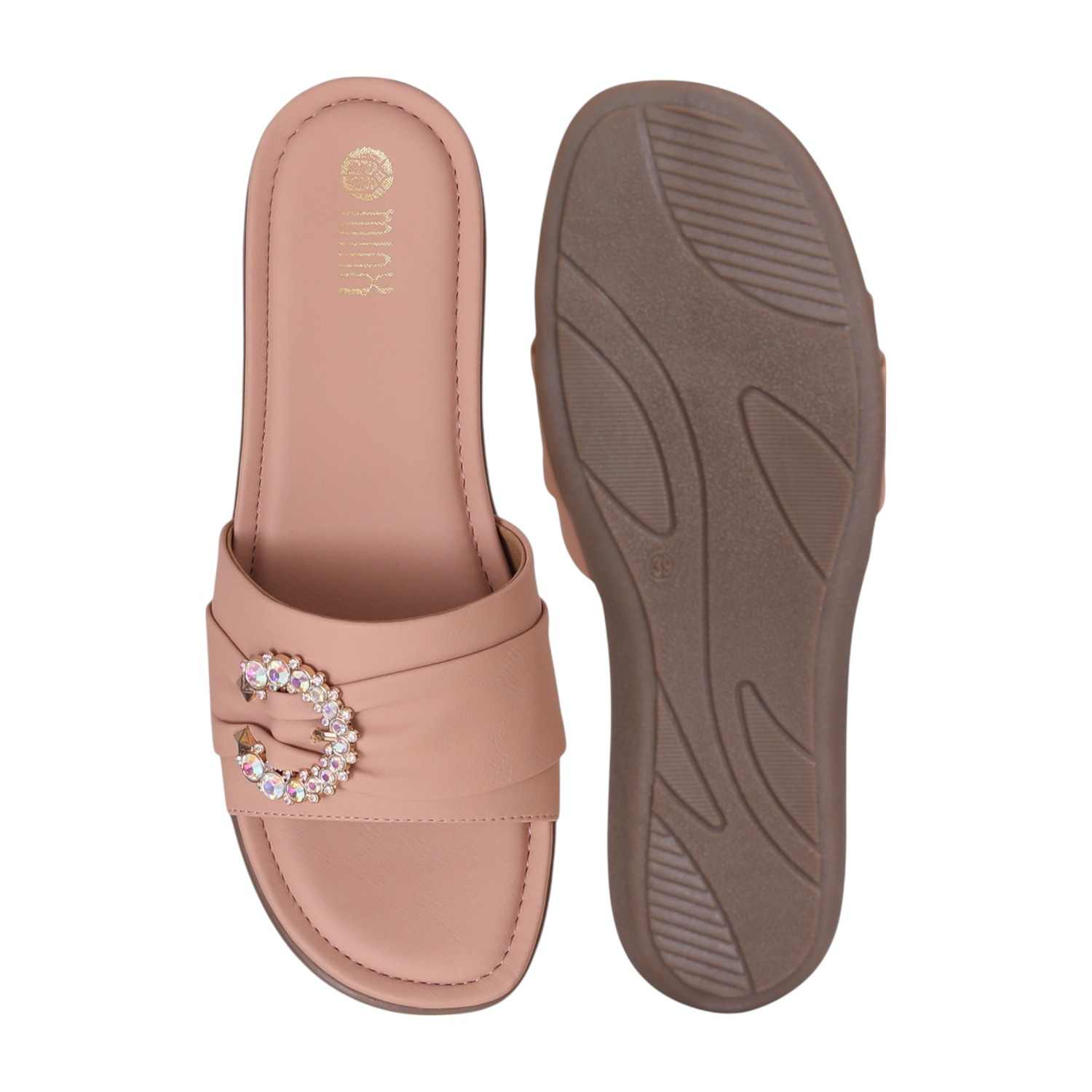 Women Embellished Nude Colored Slip On