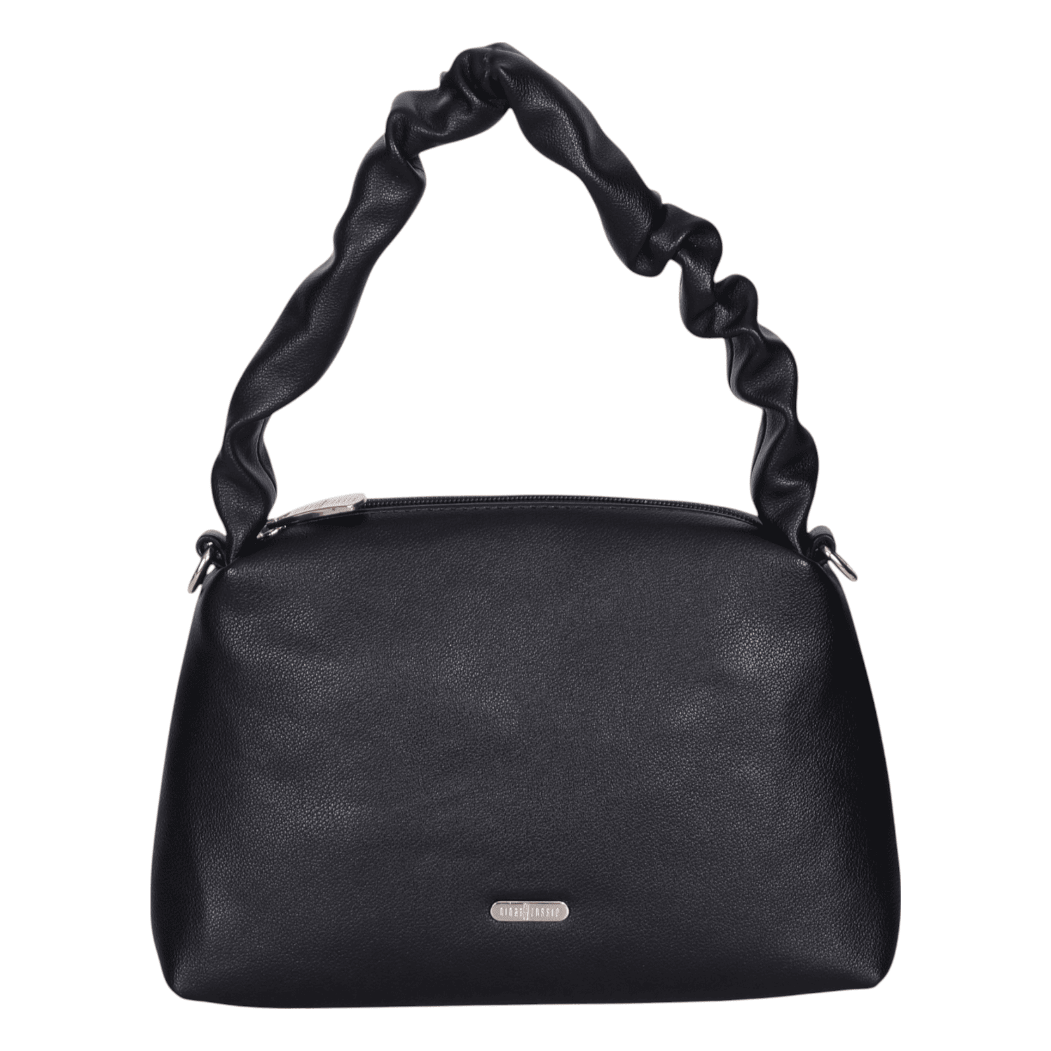 Ninaa Rossie Chic Black Ruched Handle Shoulder Bag with Detachable Strap