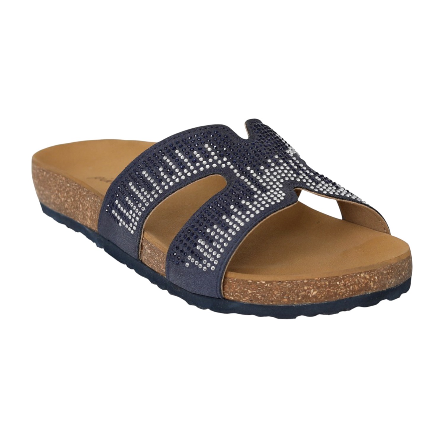 Women Navy Blue Studded Comfort Slides